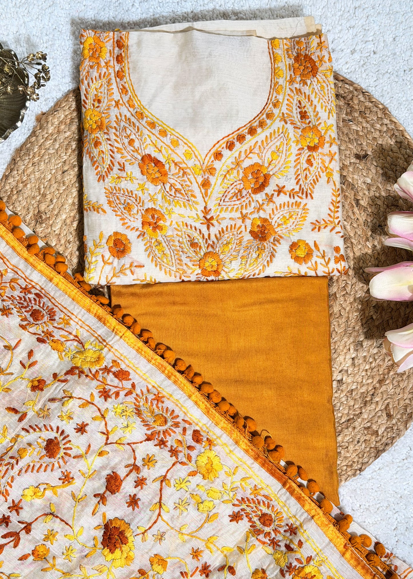Ivory Chanderi with Yellow Kantha Embroidery Unstitched Suit Set