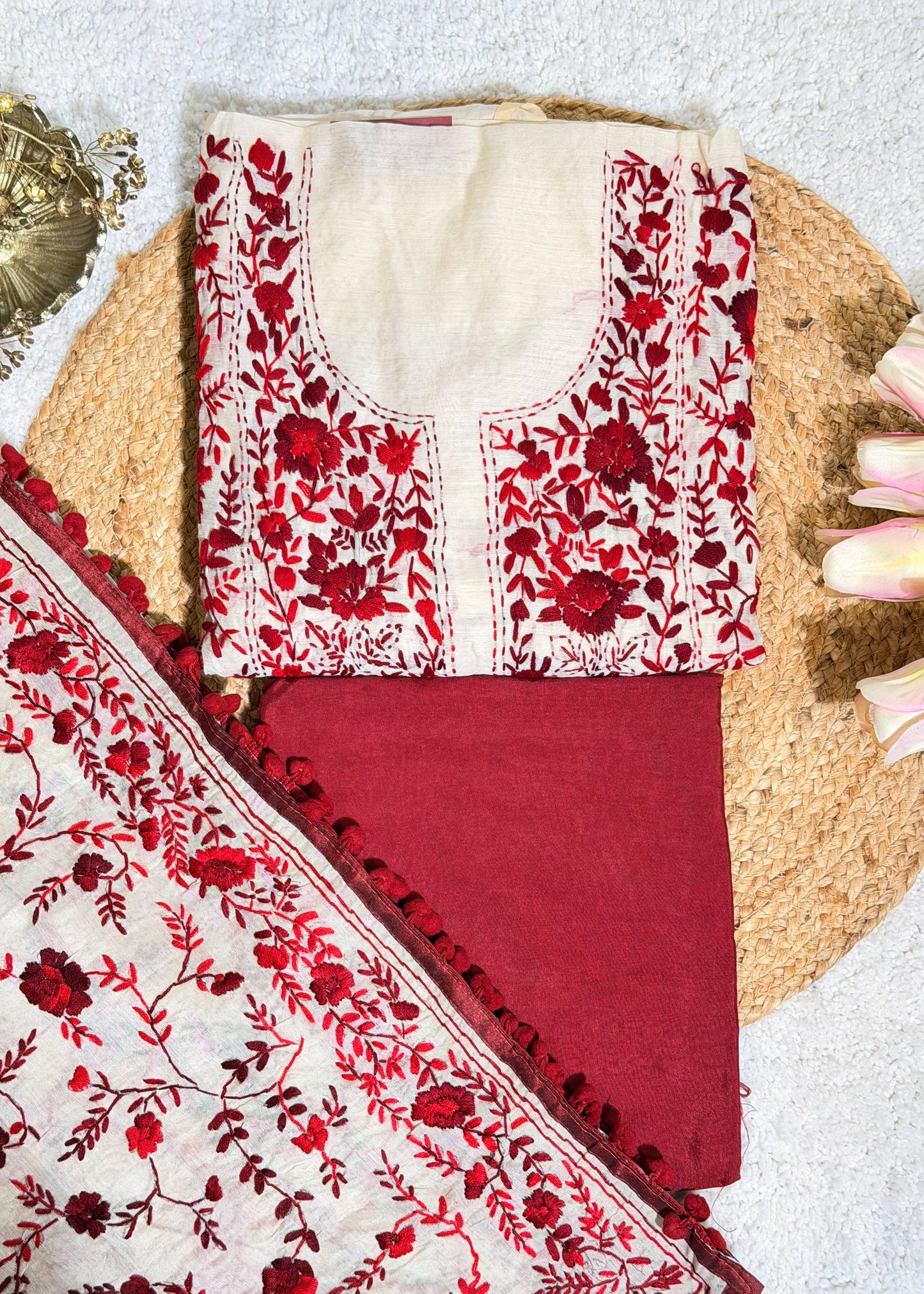 Ivory Chanderi with Mehroon Kantha Embroidery Unstitched Suit Set