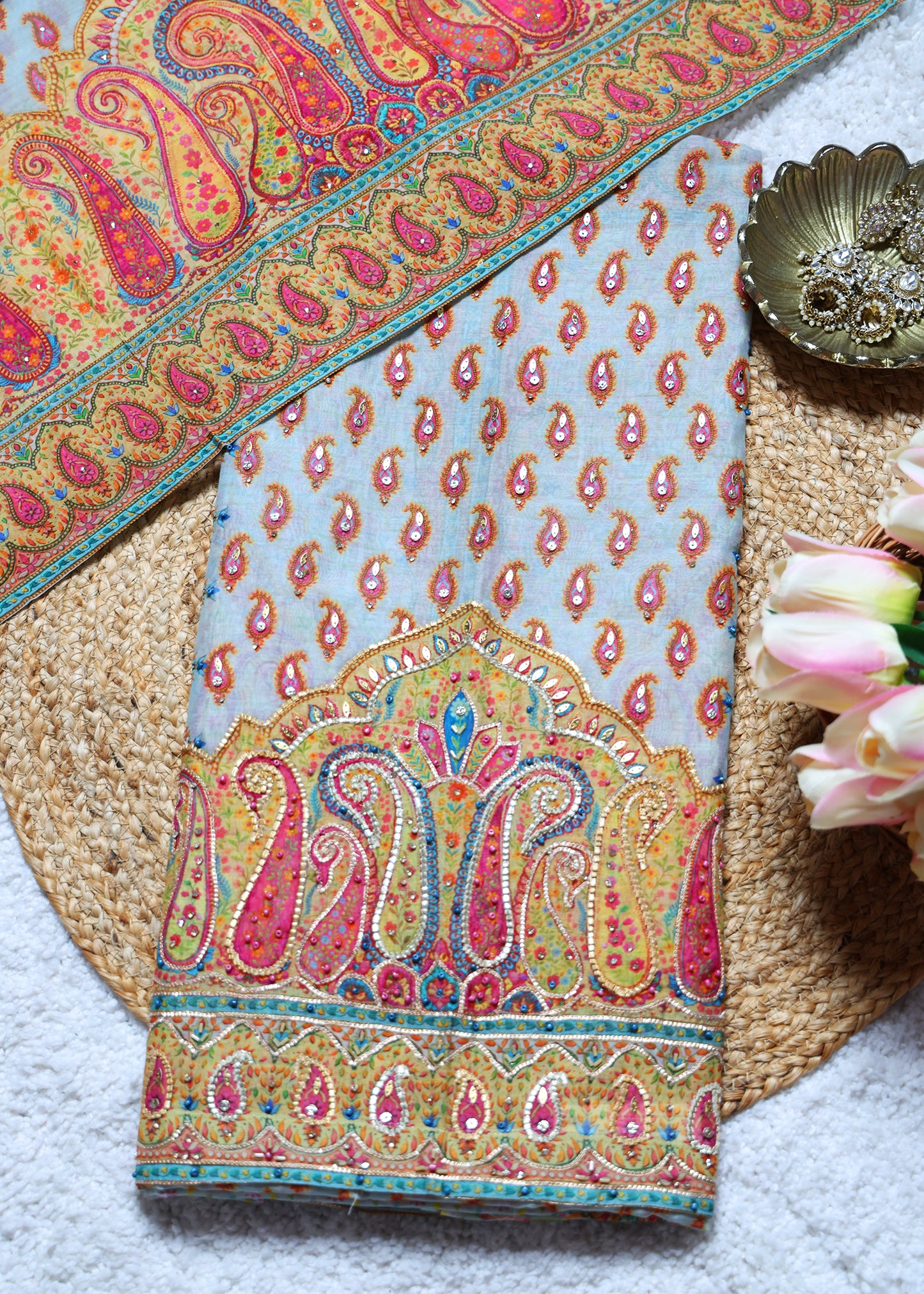 Yami Blue & Pink Paisley Unstitched Suit Set