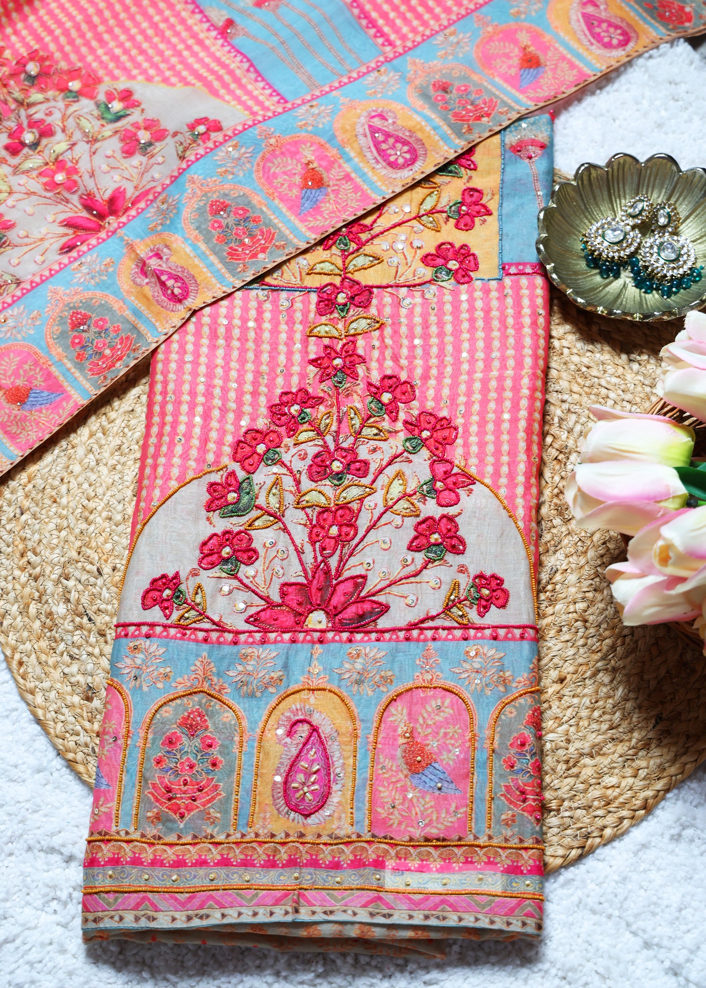 Pulan Pink & Blue Unstitched Suit Set