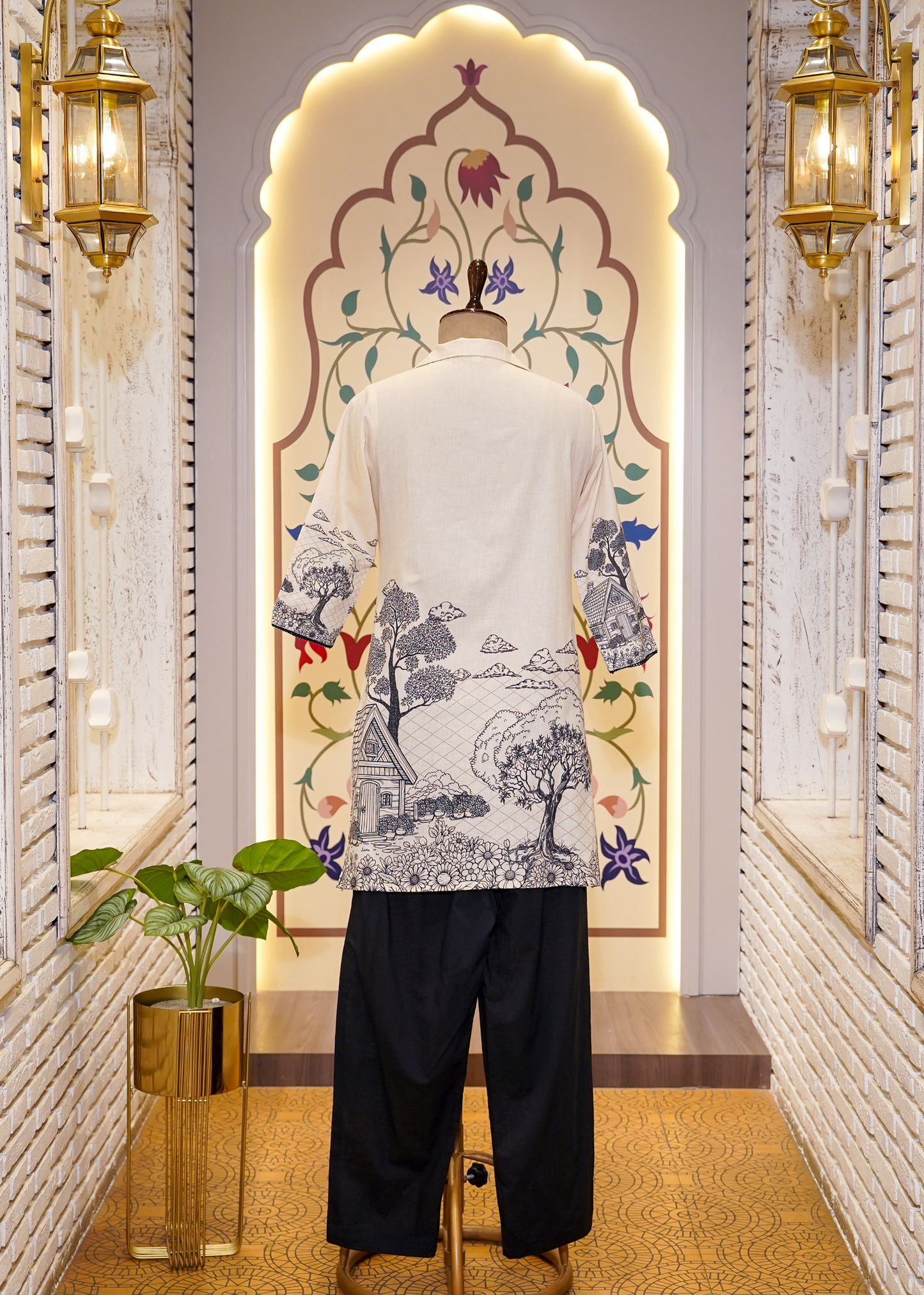 Cream Cotton Printed Co-ord Set with Collars and Black Bottom