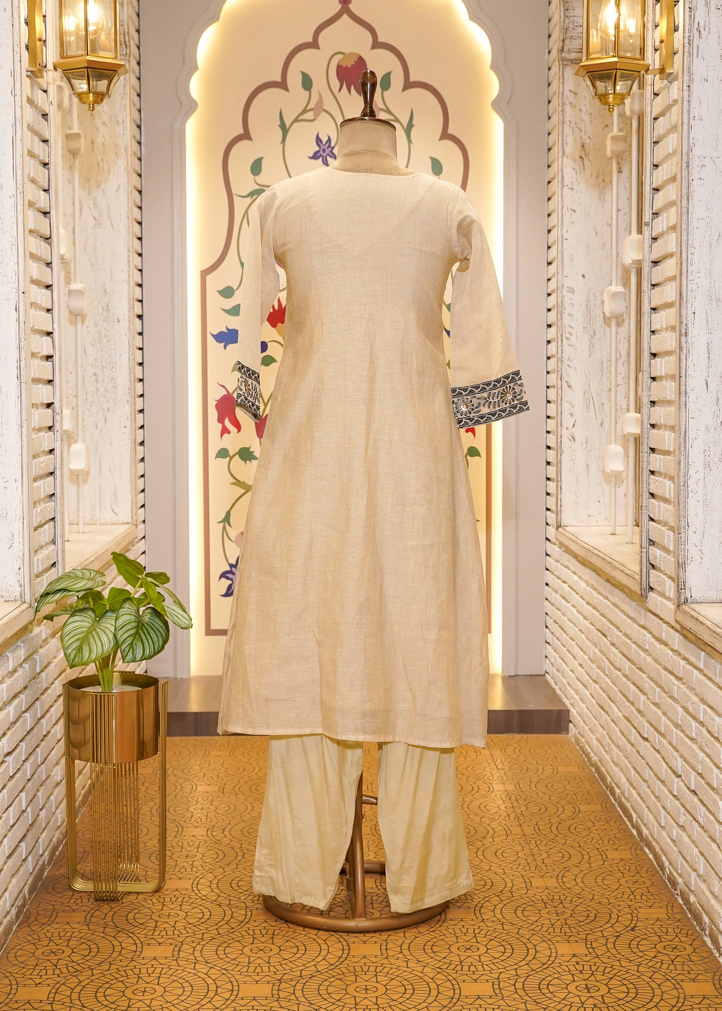 Beige A Line Thread Embroidered 3 pc Kurti Set