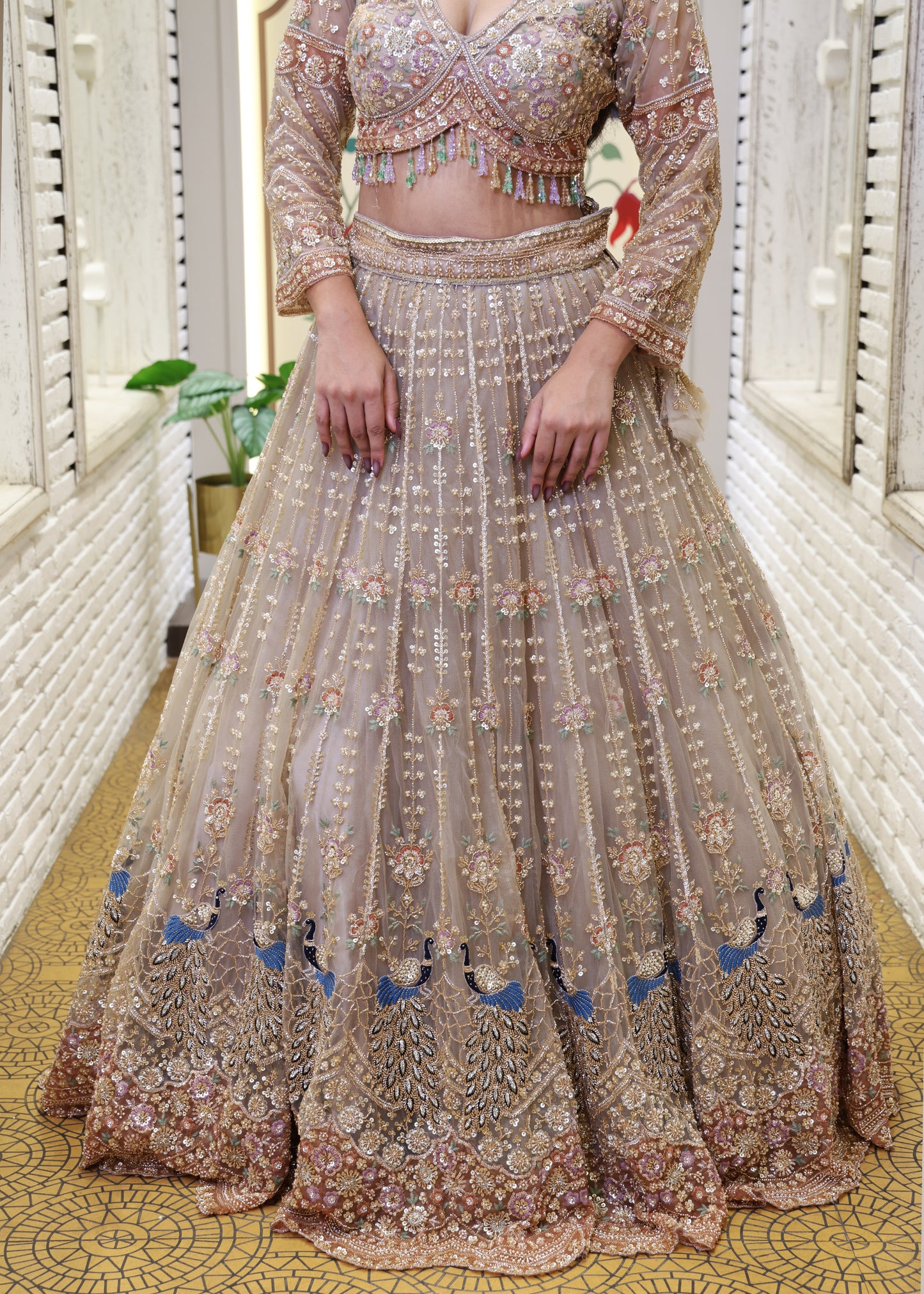 Meenal Golden Hand Embroidered Lehenga with Stitched Blouse