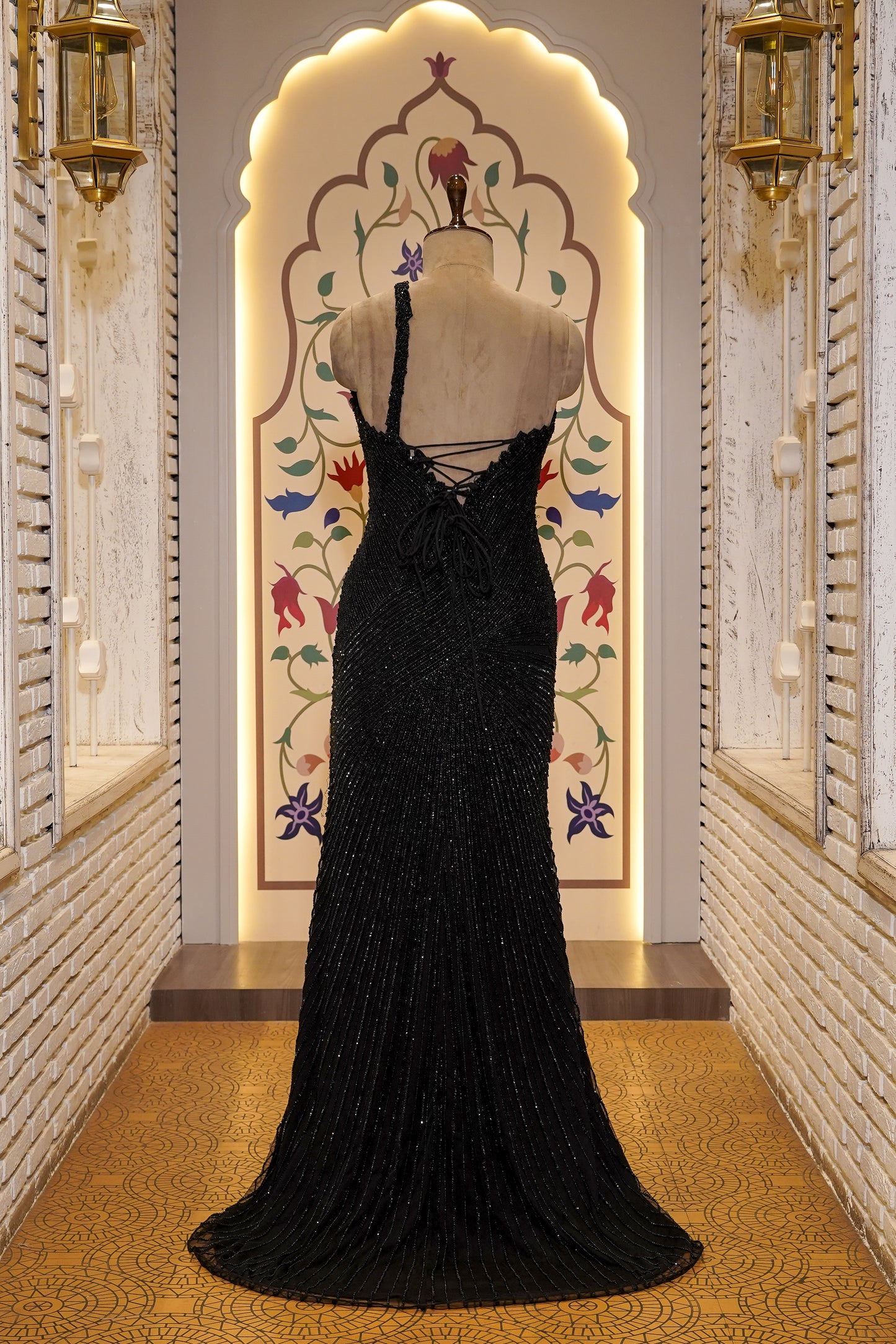 Black Hand Embroidered Body Hugging Gown with Slit