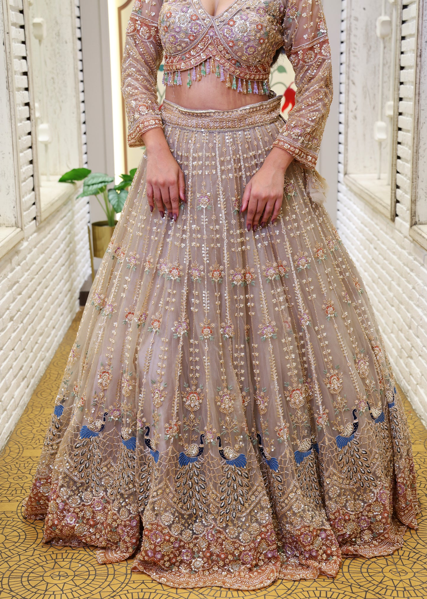 Meenal Golden Hand Embroidered Lehenga with Stitched Blouse