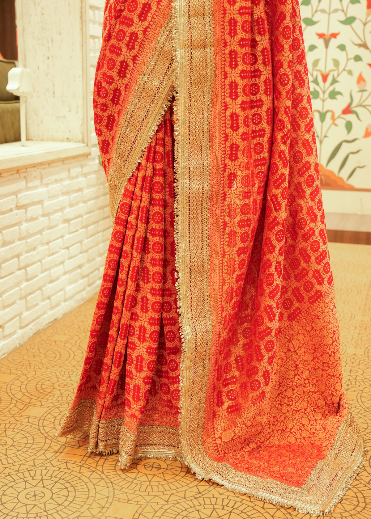 Aanya Fiery Orange-Red Bandhani Silk Saree with Stitched Blouse