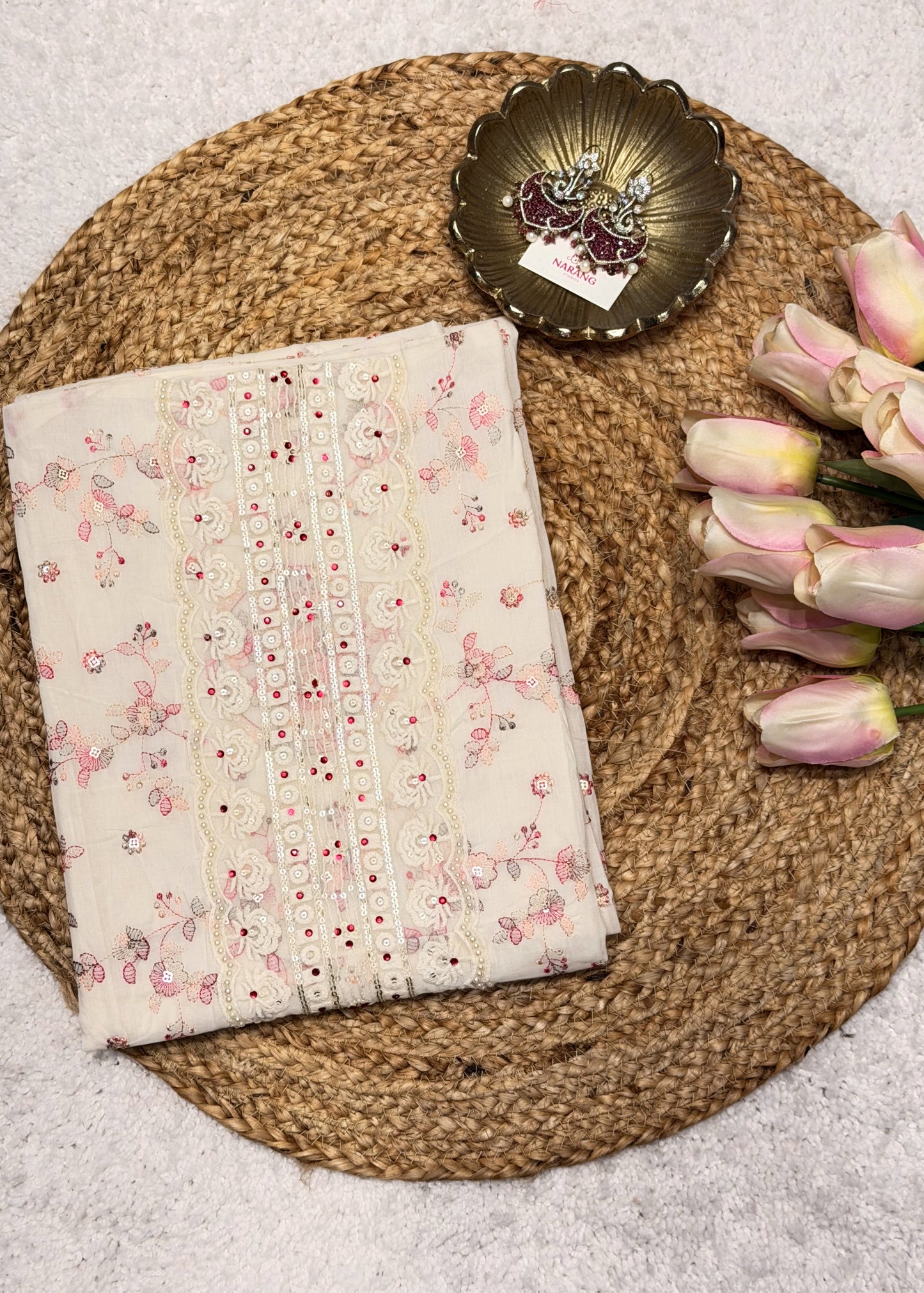 White & Pink Thread Embroidered Unstitched Suit Set