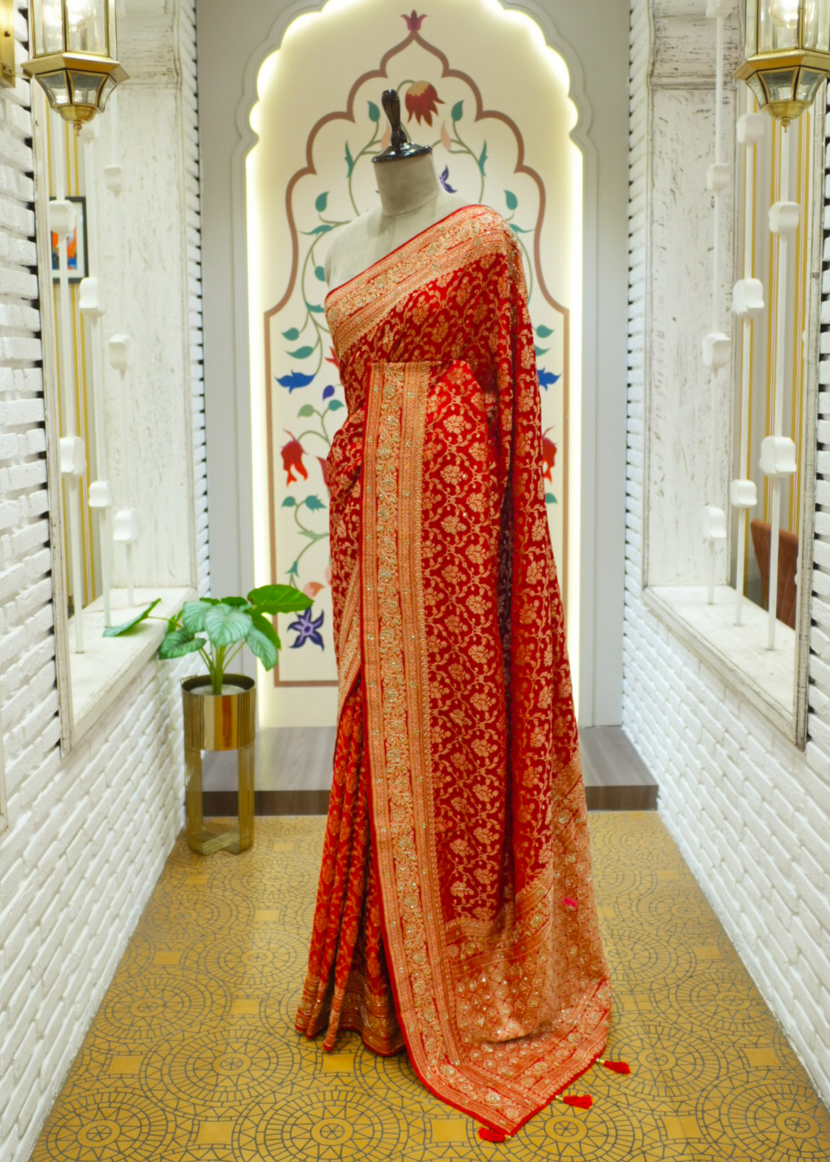 Nazini Red Satin Silk Jaal Saree with Unstitched Blouse