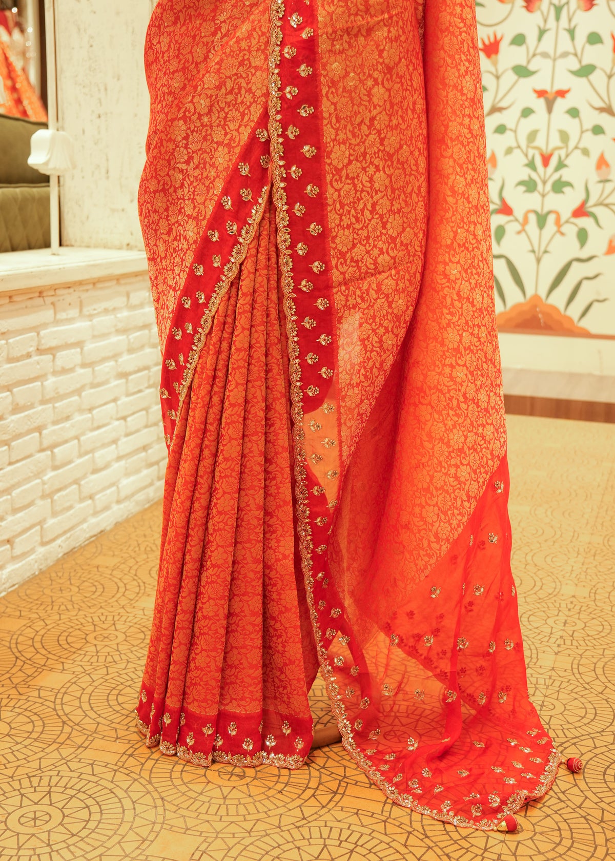 Mehrunissa Bright Orange-Red Banarasi Silk Saree with Stitched Blouse