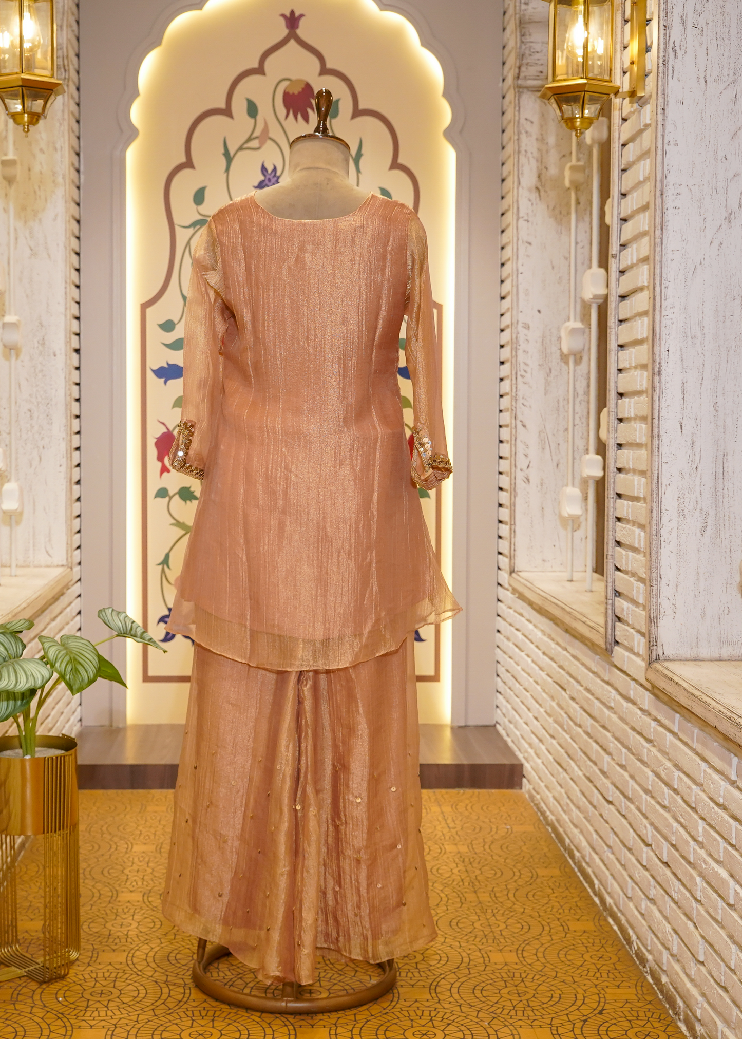 Dusty Peach Tissue Hand Embellished Short Shirt & Sharara Co-ord Set