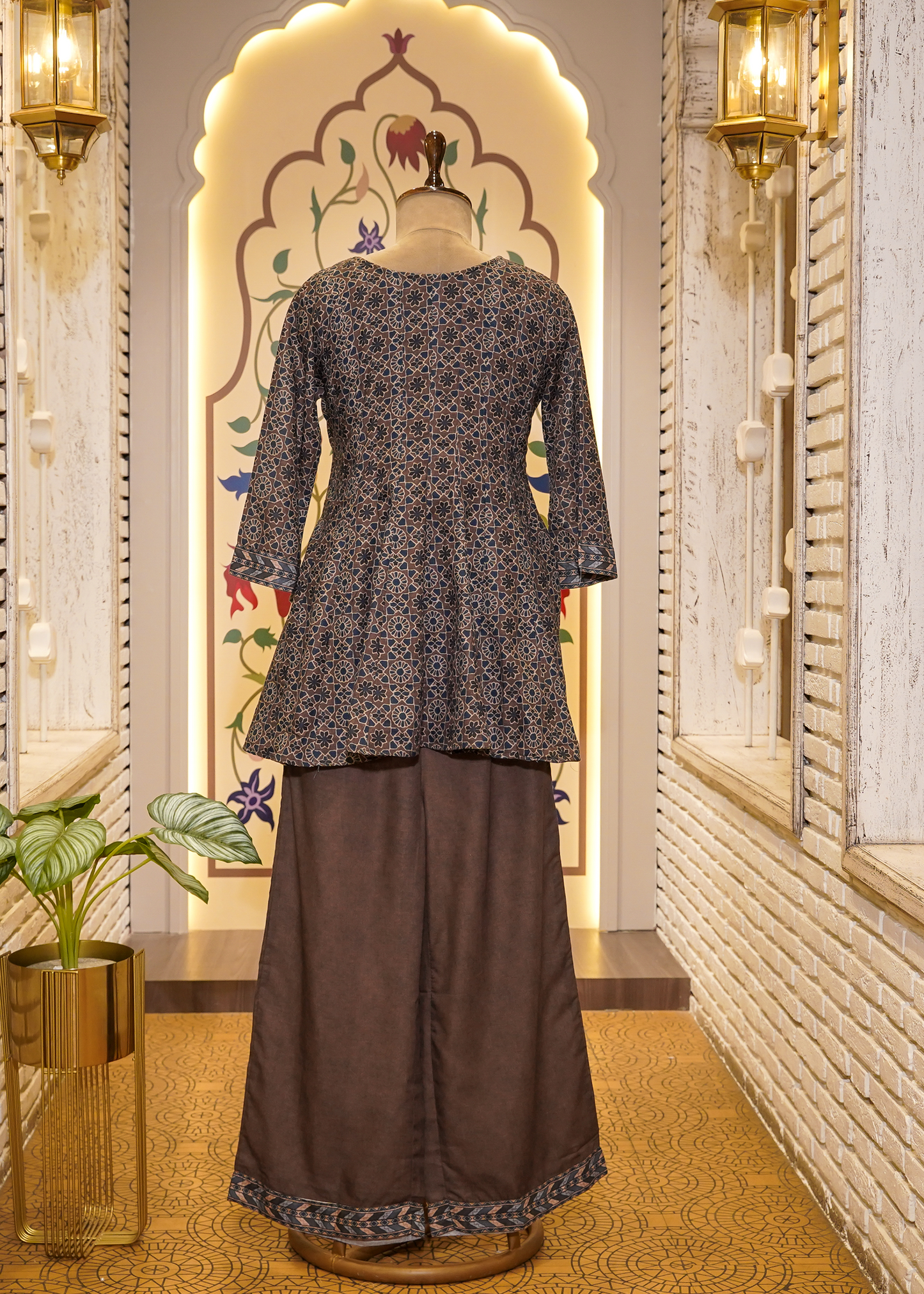 Brown & Blue Printed Peplum with Pants Co-ord set
