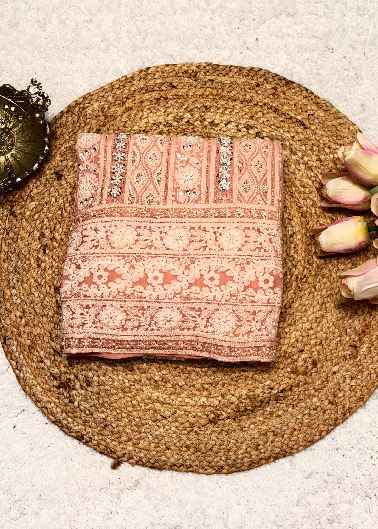 Heer Peach Chikankari with Moti Embroidered Suit Set