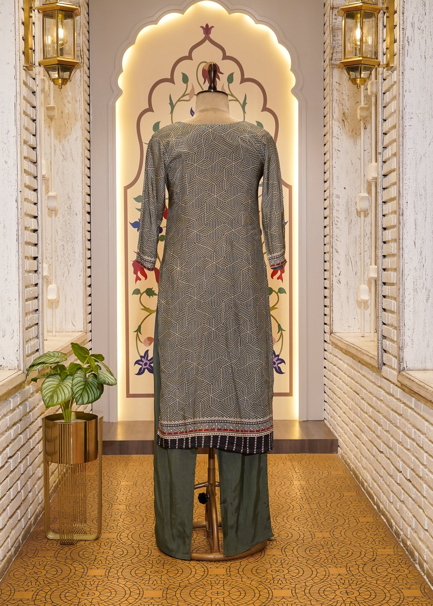 Grey Printed Muslin 3-Piece Kurti Set