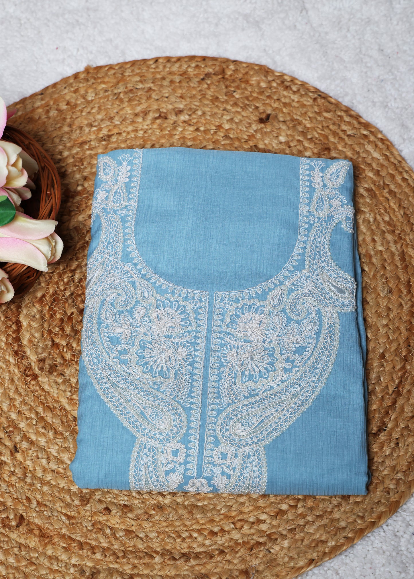 Pranika Blue & White Unstitched Suit Set
