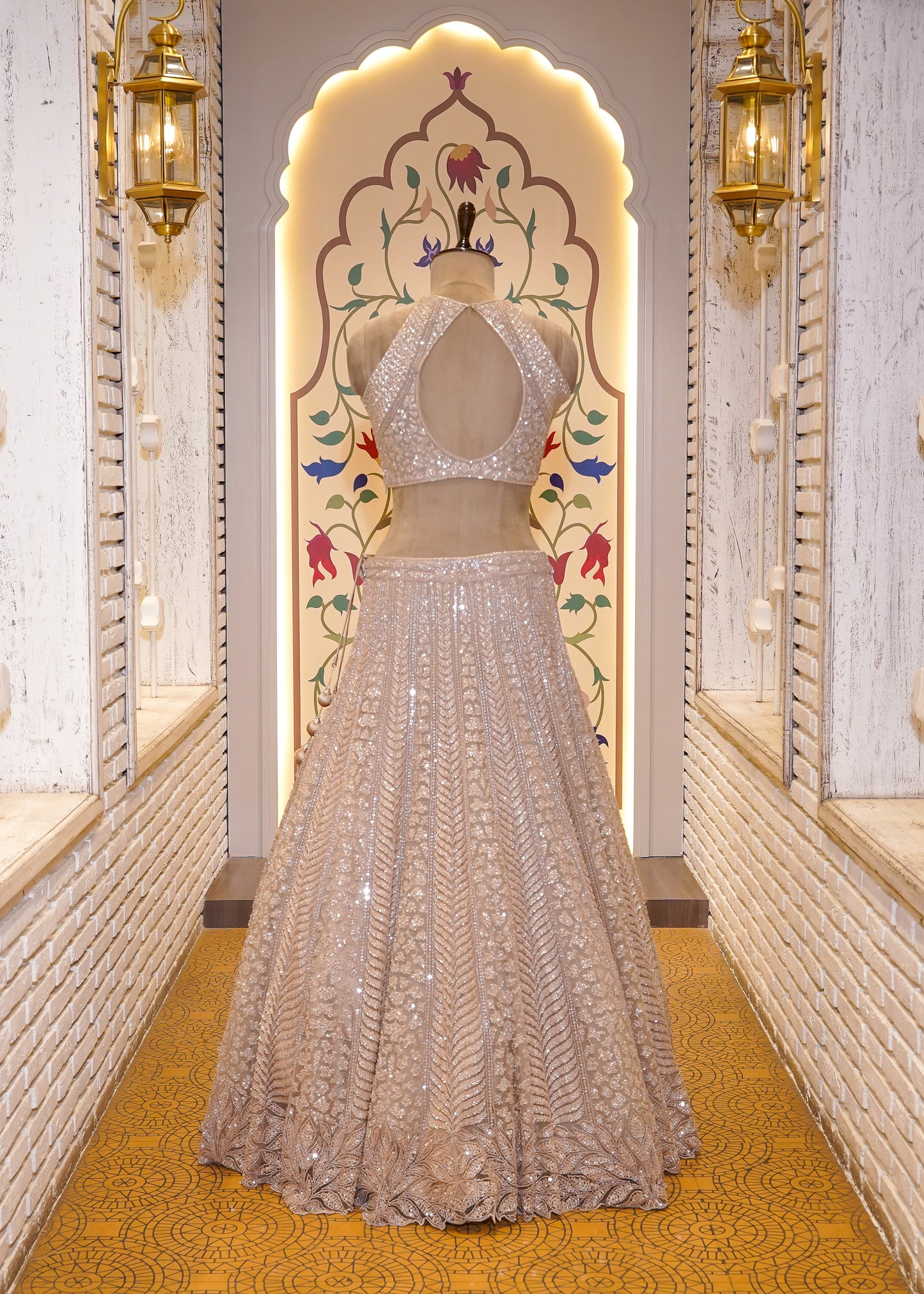 Beige Bead Embroidered Crop Top Skirt Set
