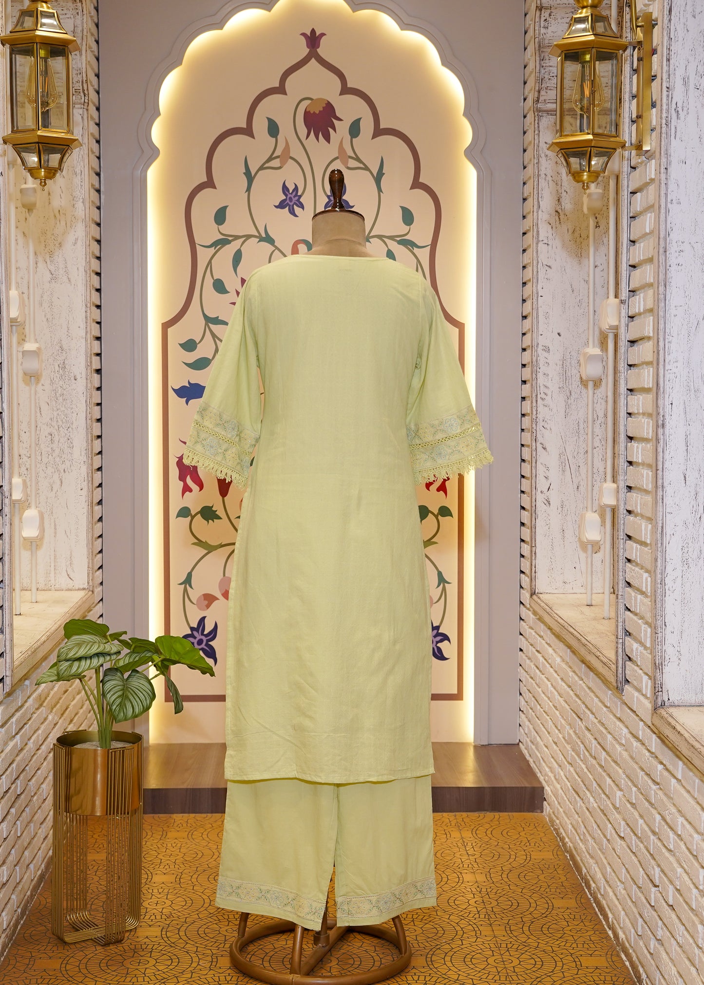 Light Lemon Cotton Thread Embroidered 3 pc Kurti Set