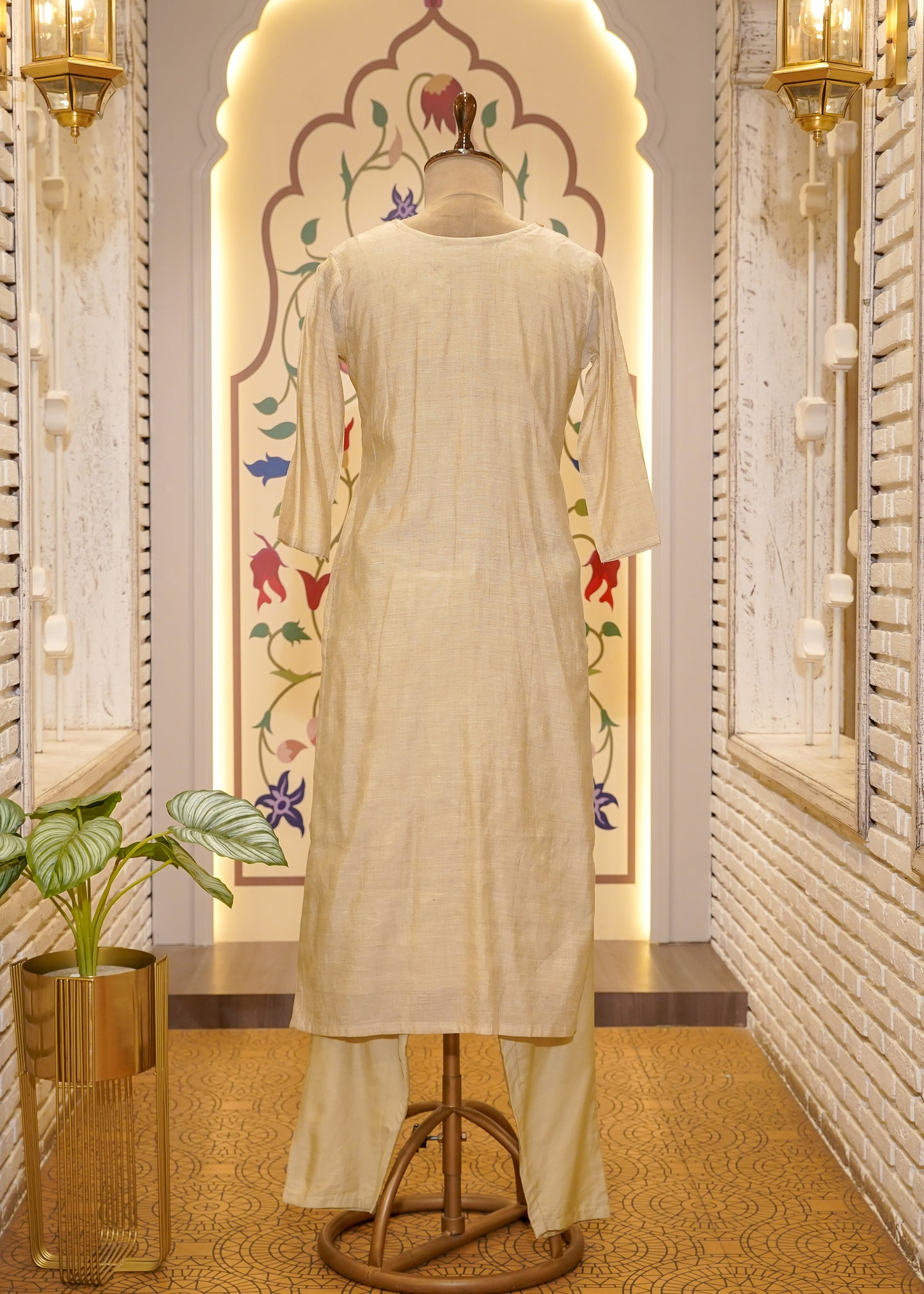 Beige Cotton Thread Embroidered 3 pc Kurti Set
