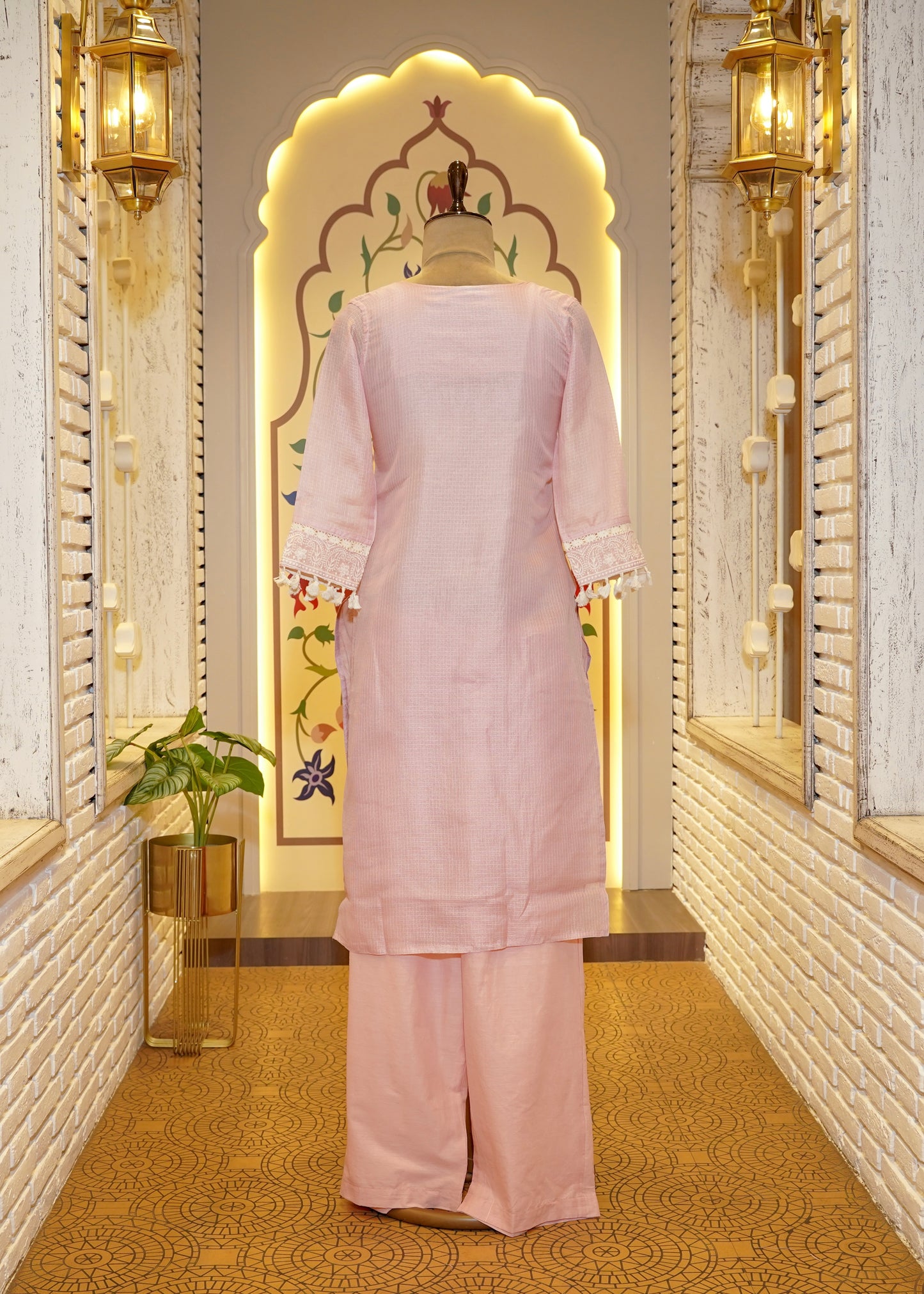Anamika Pink & White Tassel Border Stitched Suit Set