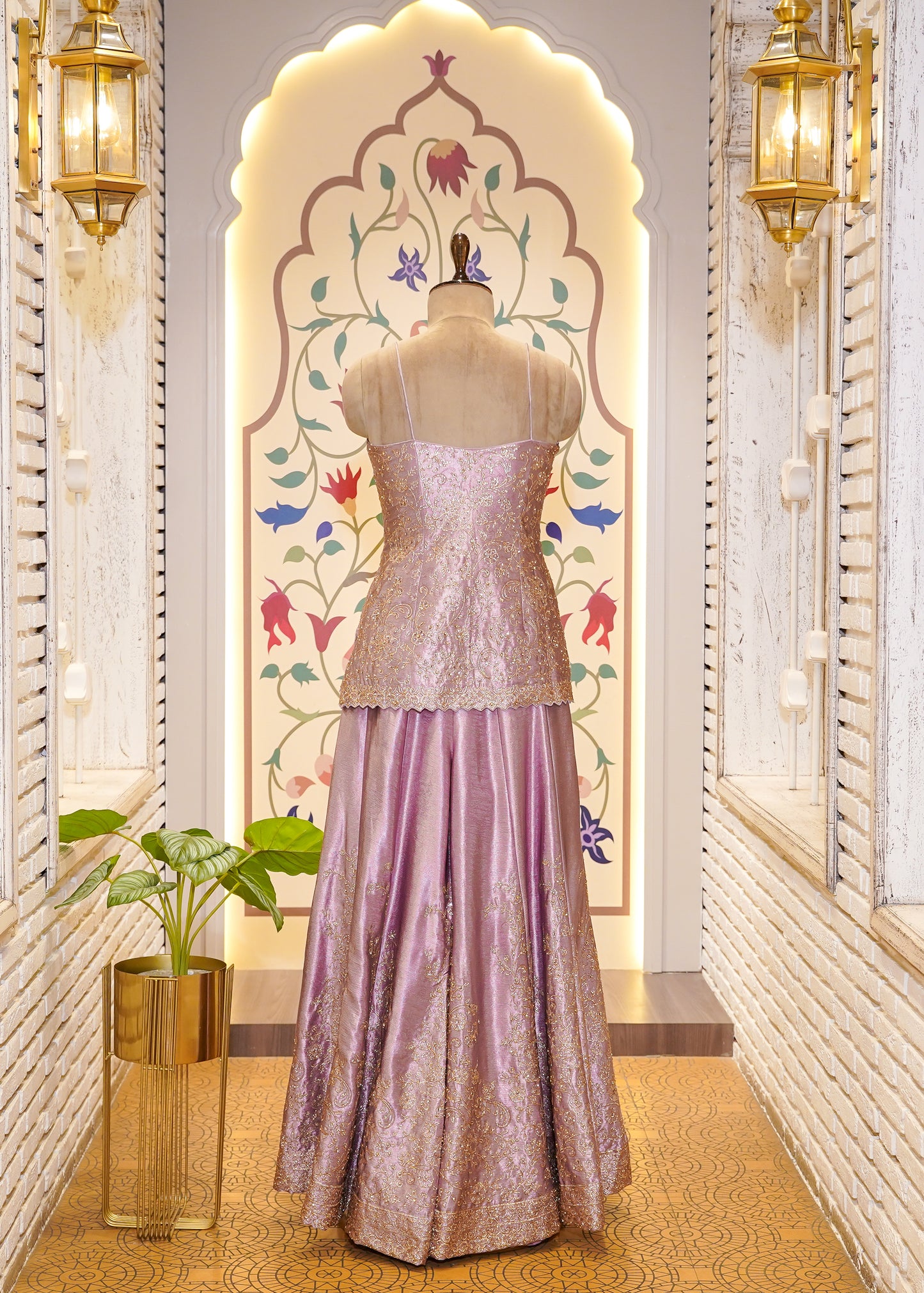 Lavender Dori Embroidered Short Shirt and Plazo Set with Choker Dupatta