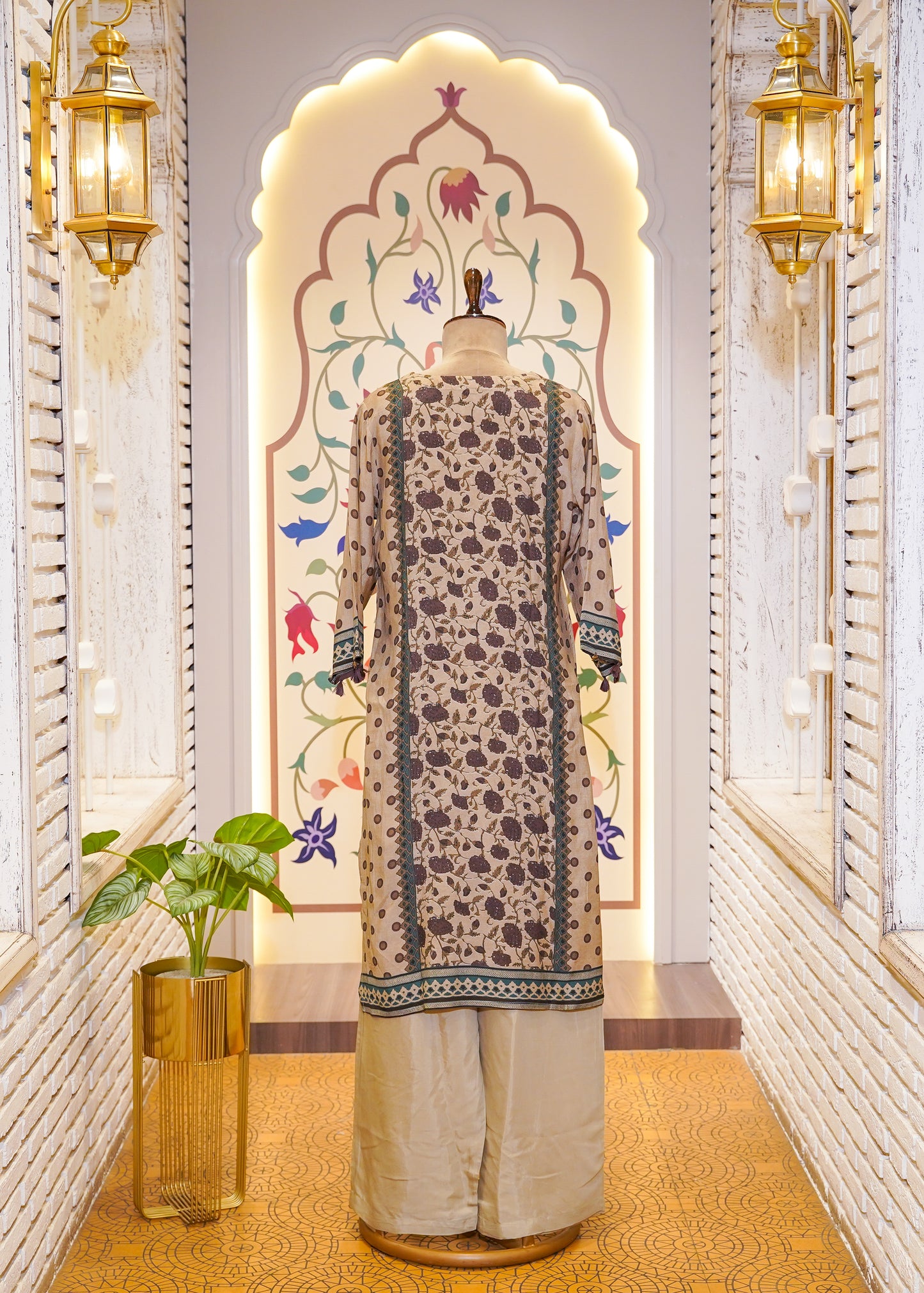 Beige Cotton Printed 3 pc Kurti Set