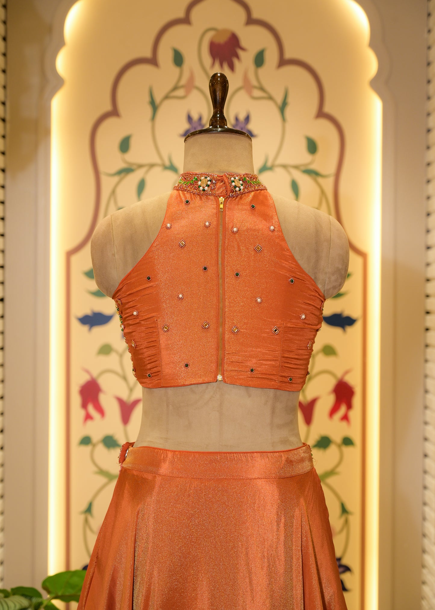Fanta Orange Halter Neck Gemstones Crop with Skirt