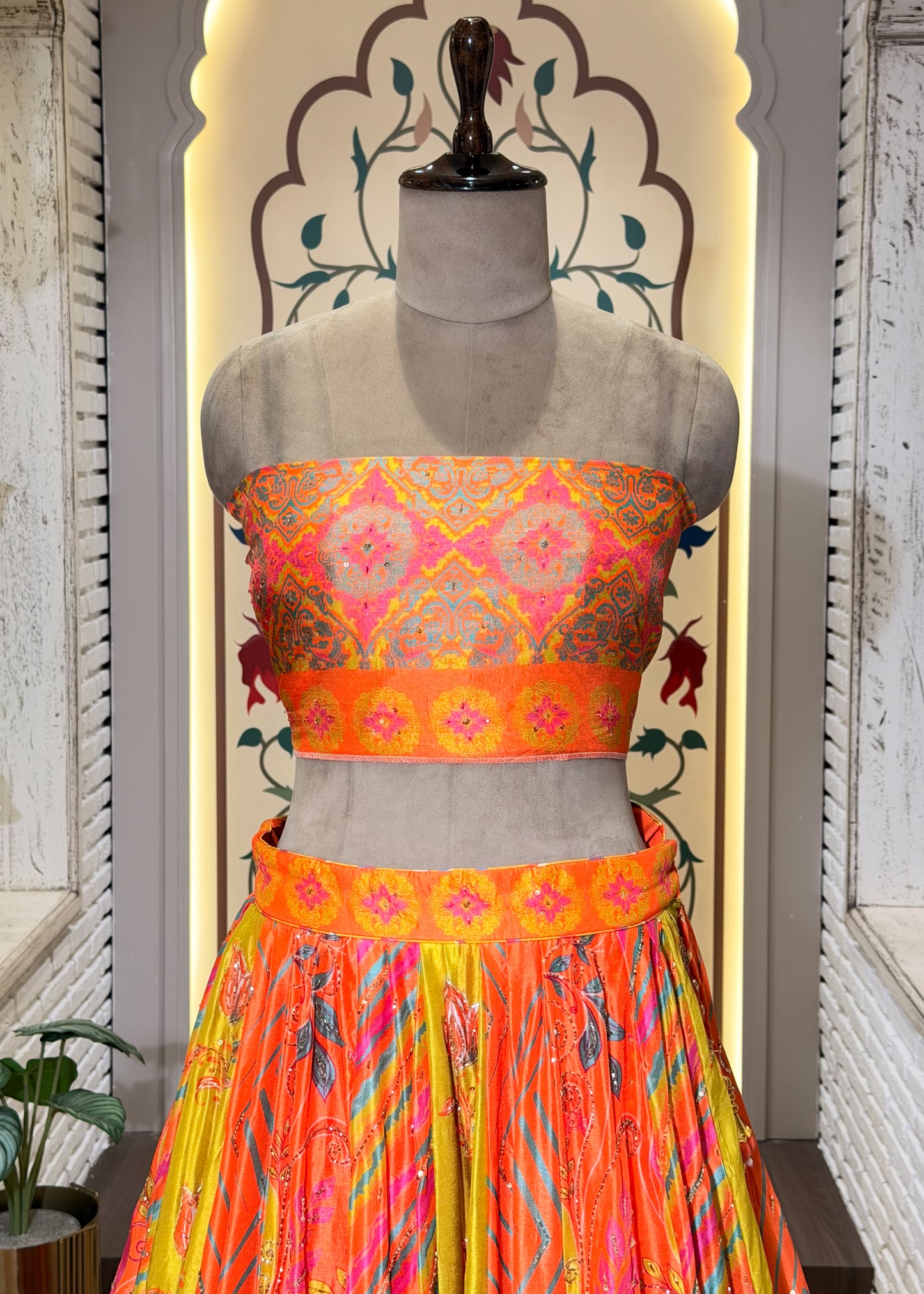 Neon Orange Hand Embellished Silk Lehenga with Unstitched Blouse