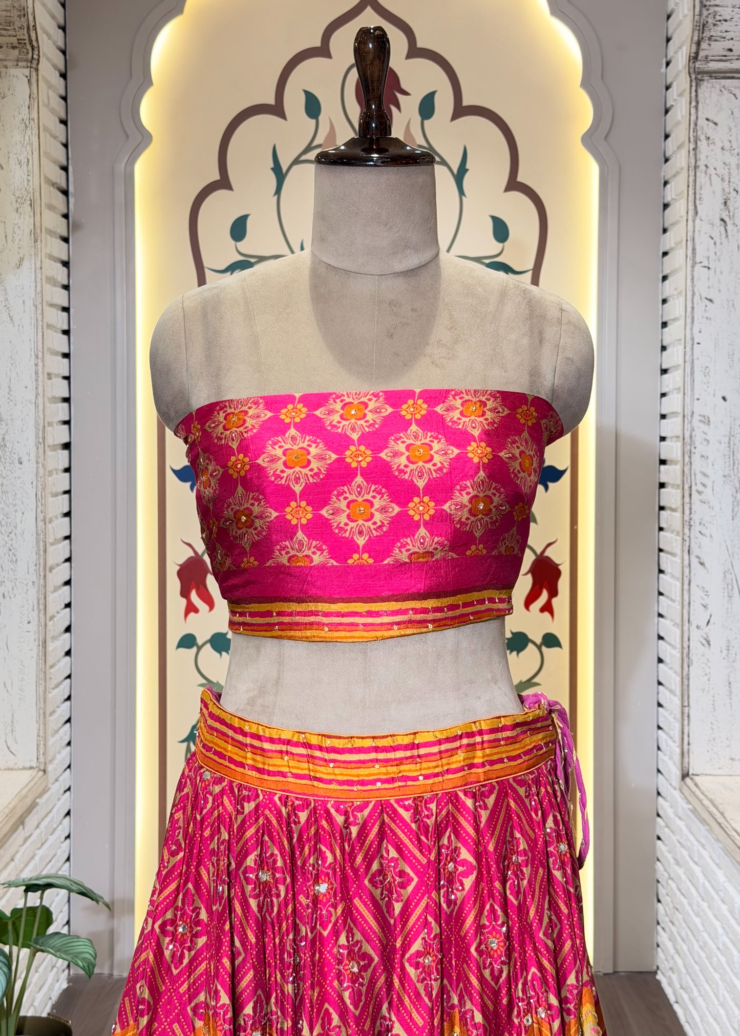 Rani Hand Embellished Printed Silk Lehenga with Unstitched Blouse