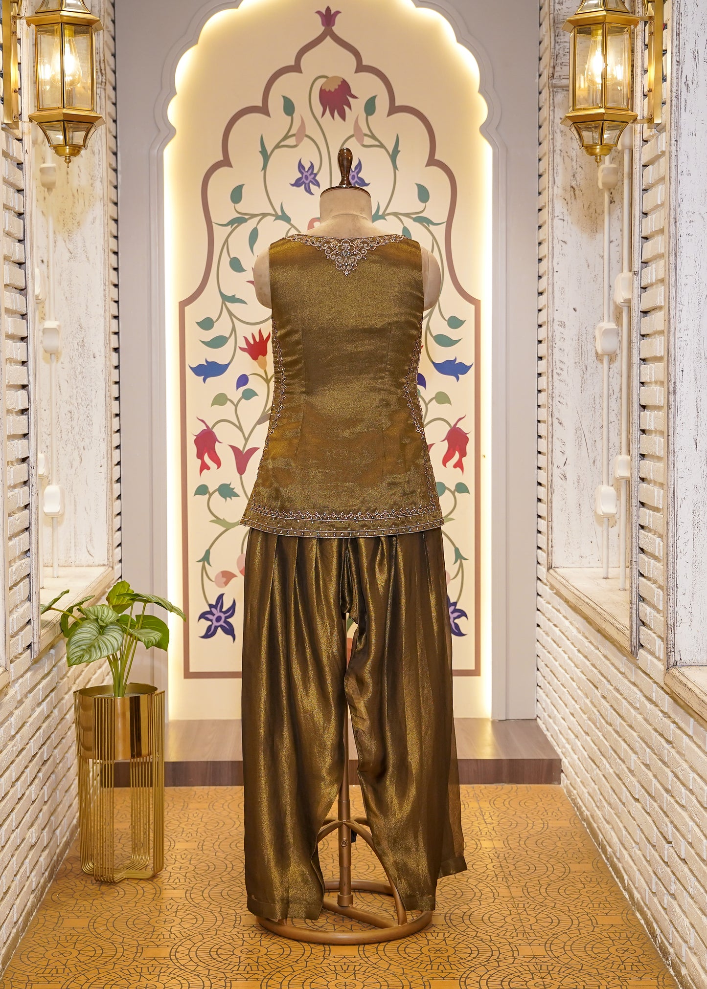 Mehendi Green Tissue Short Shirt with Farshi Salwar 3 pc Suit Set