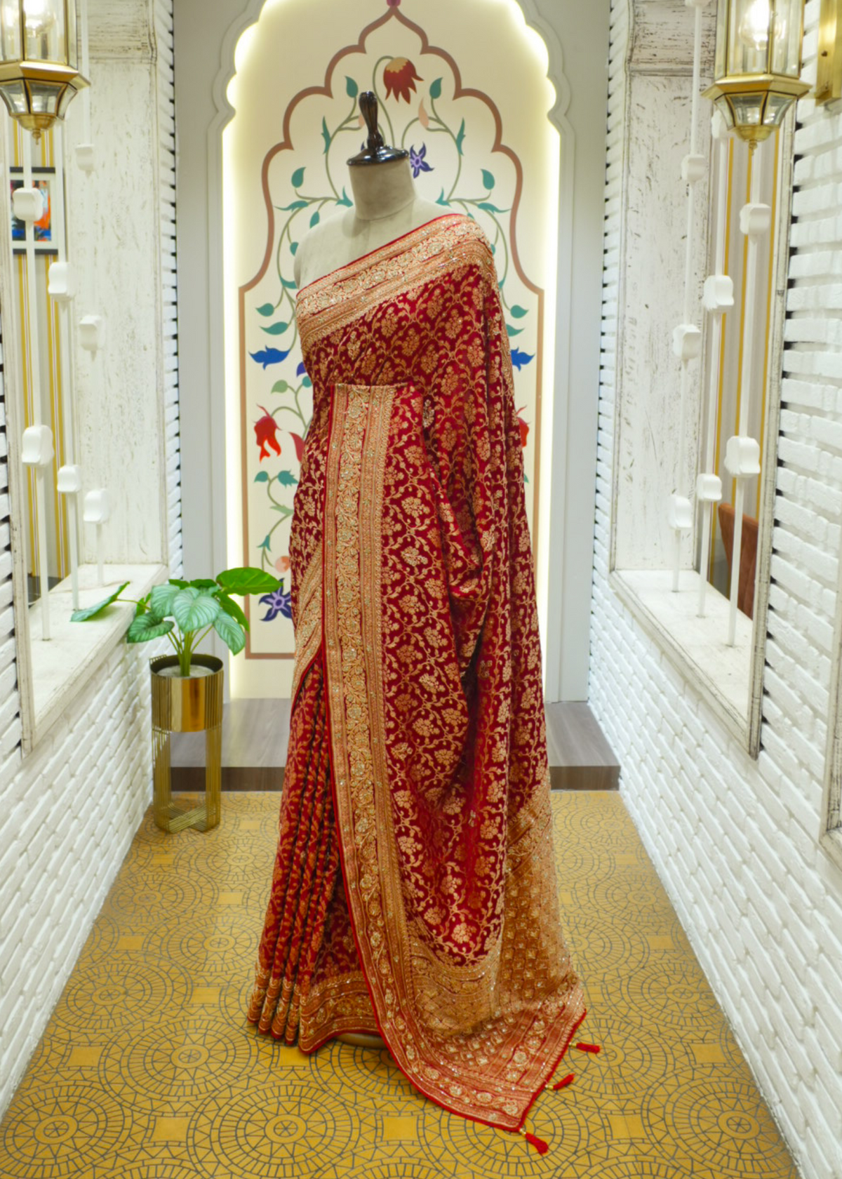 Nazini Mehroon Satin Silk Jaal Saree with Unstitched Blouse
