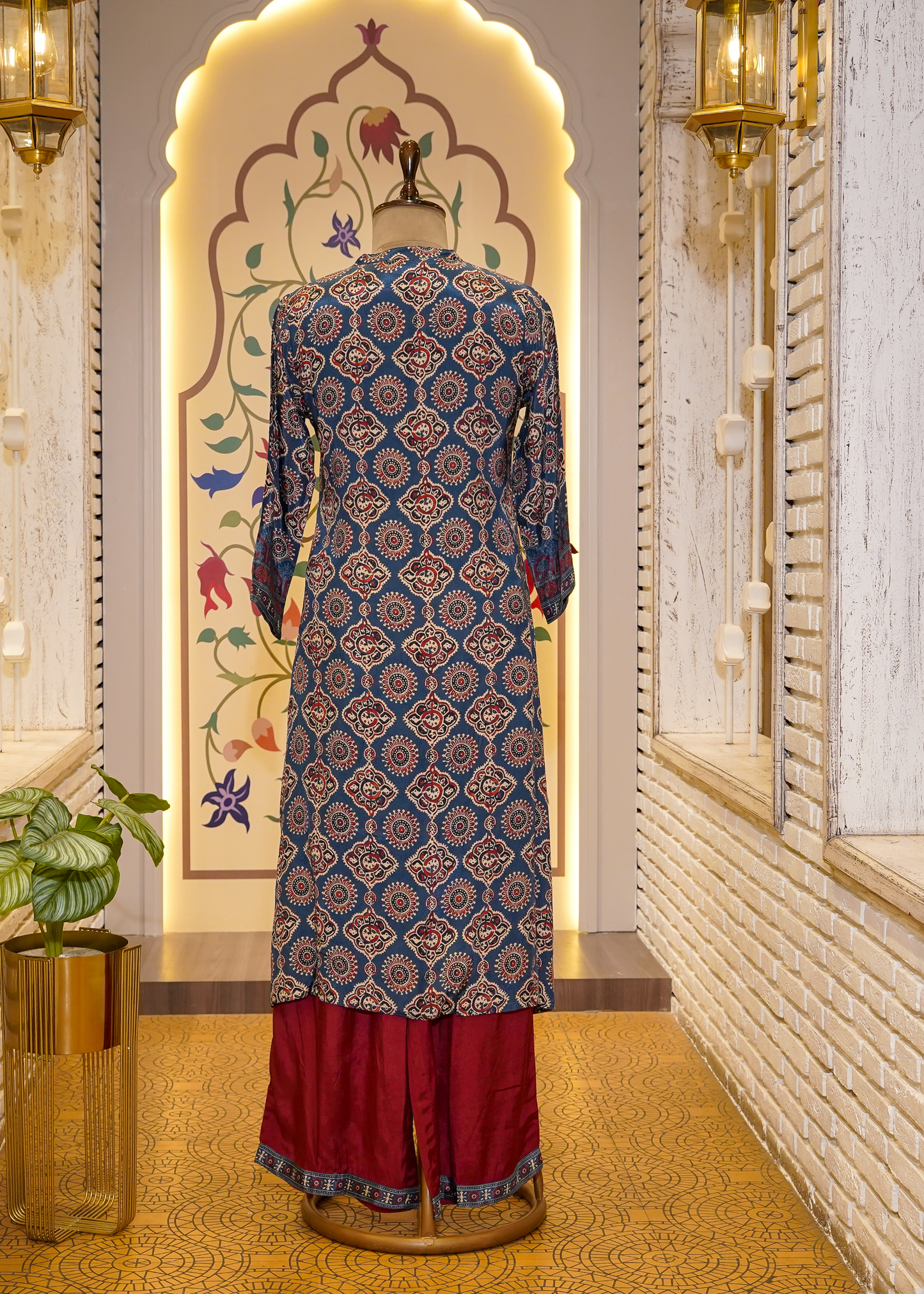 Blue & Red Ajrak Printed Muslin 3-Piece Kurti Set