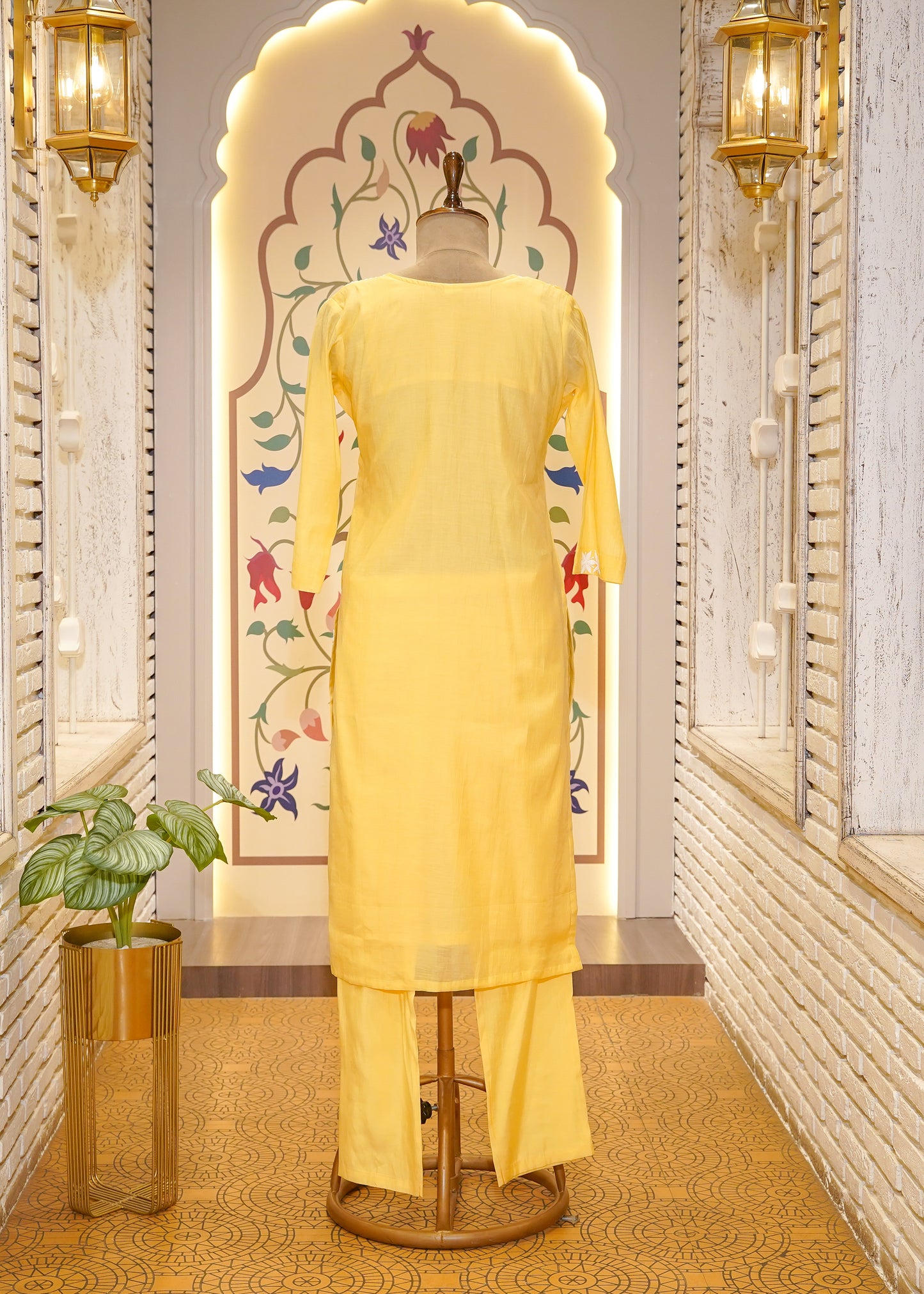 Yellow Thread Embroidered 3 pc Kurti Set