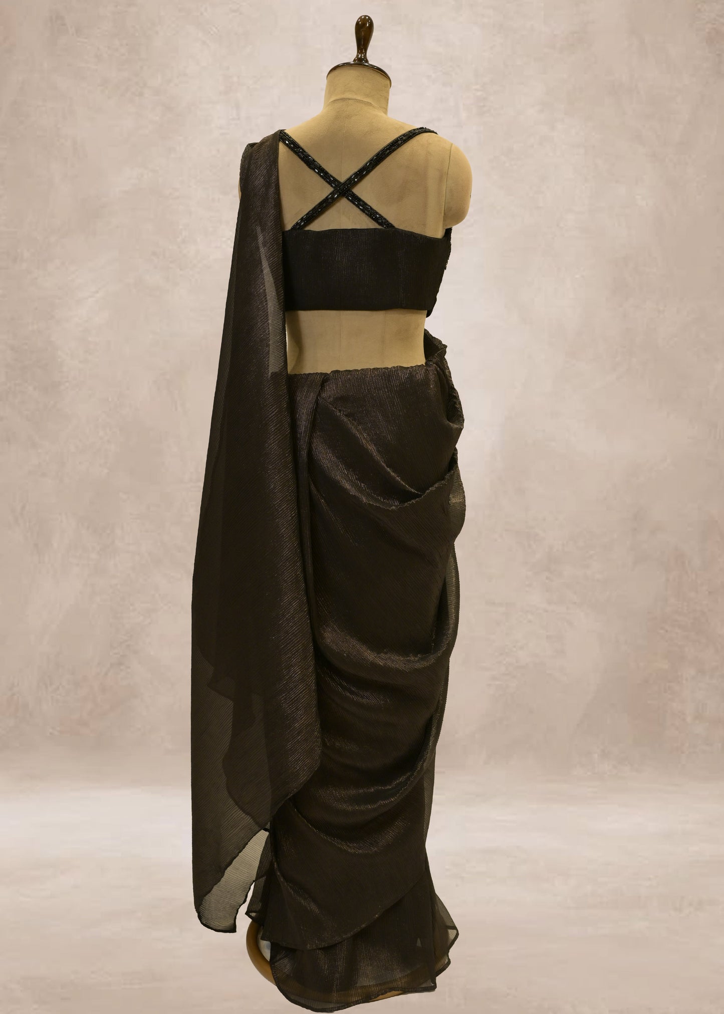 Charcoal Grey Crush Tissue Drape Saree With Hand Embroidered Black Crop Top