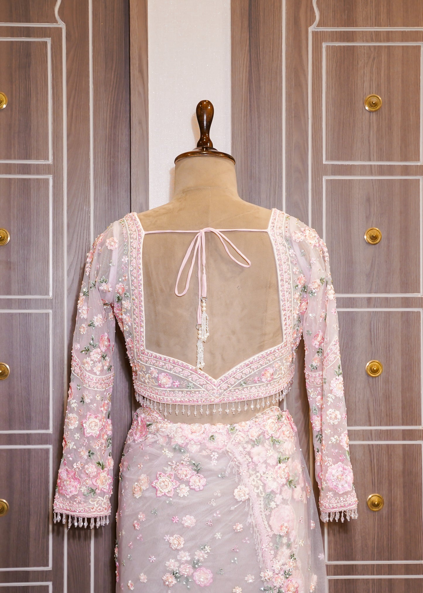 Pink Floral Embroidered Net Saree with Stitched Blouse