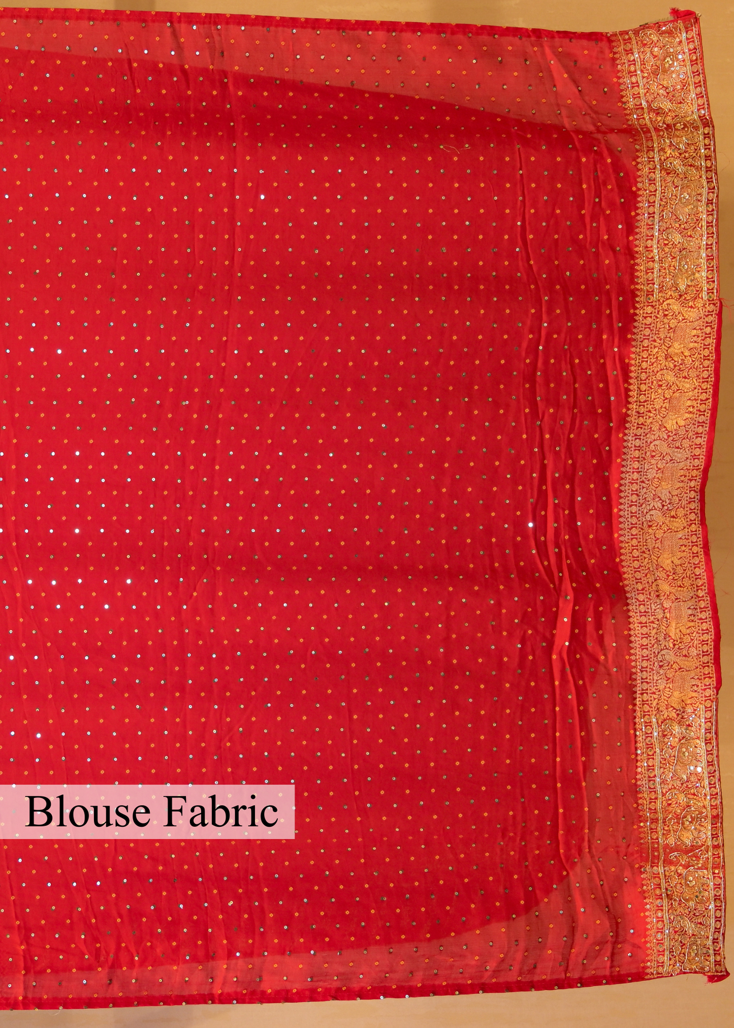 Red Hand Embroidered Dola Silk Saree with Elephant Motifs and Unstitched Blouse
