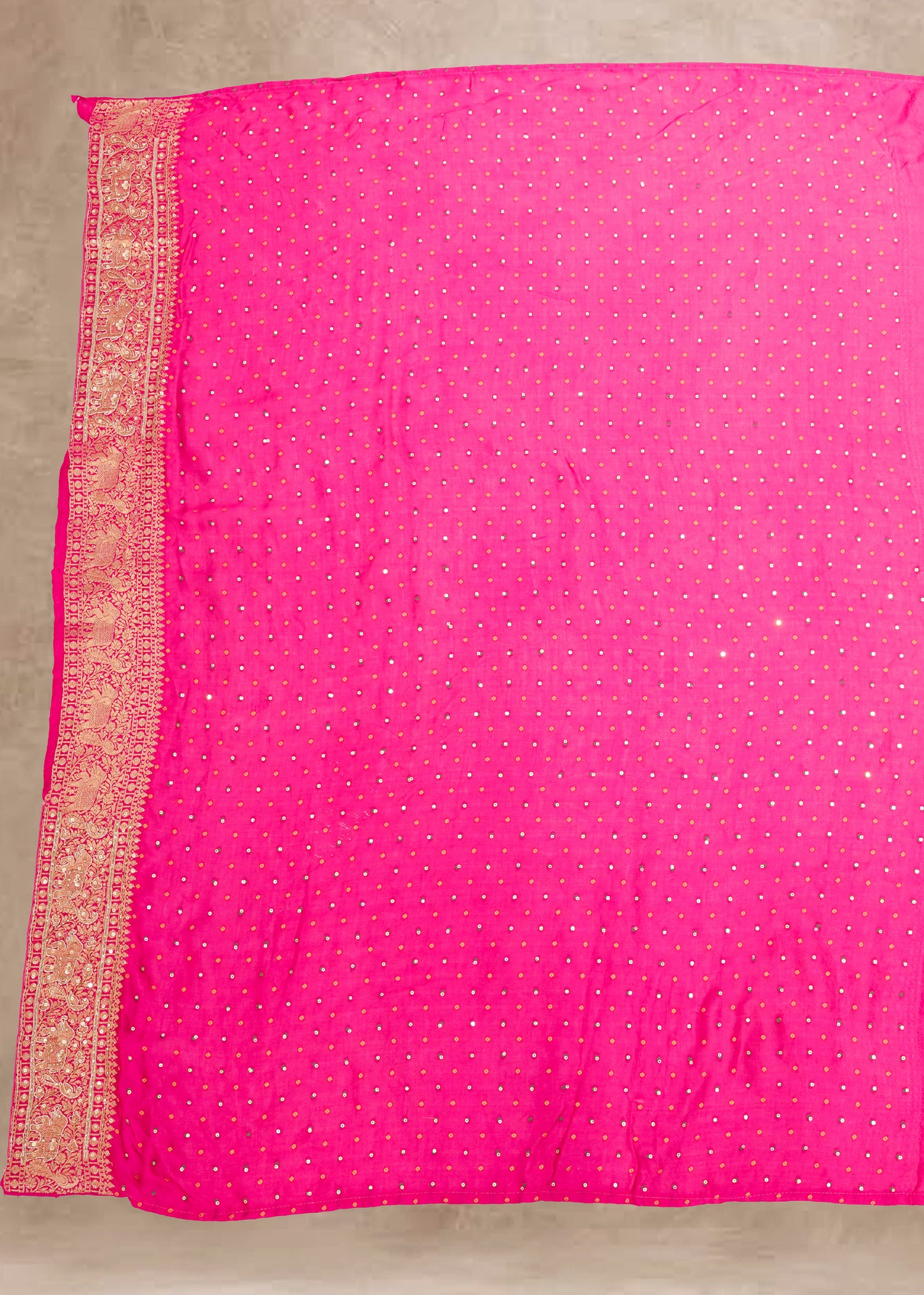 Rani Hand Embroidered Dola Silk Saree with Elephant Motifs and Unstitched Blouse