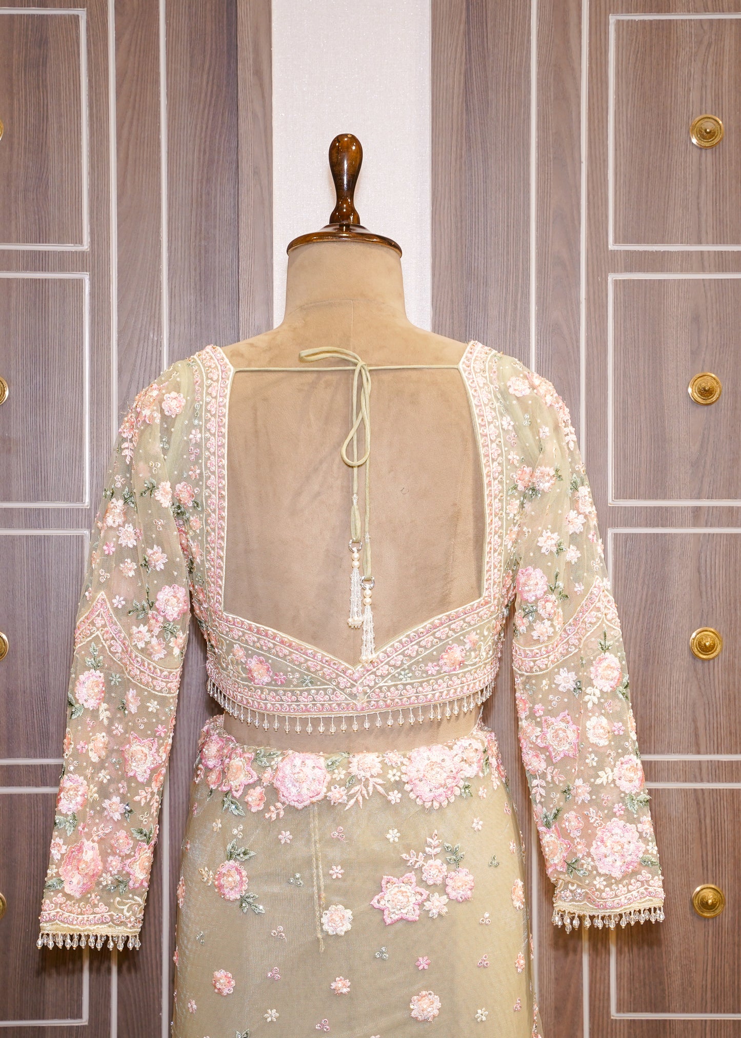 Pista Floral Embroidered Net Saree with Stitched Blouse