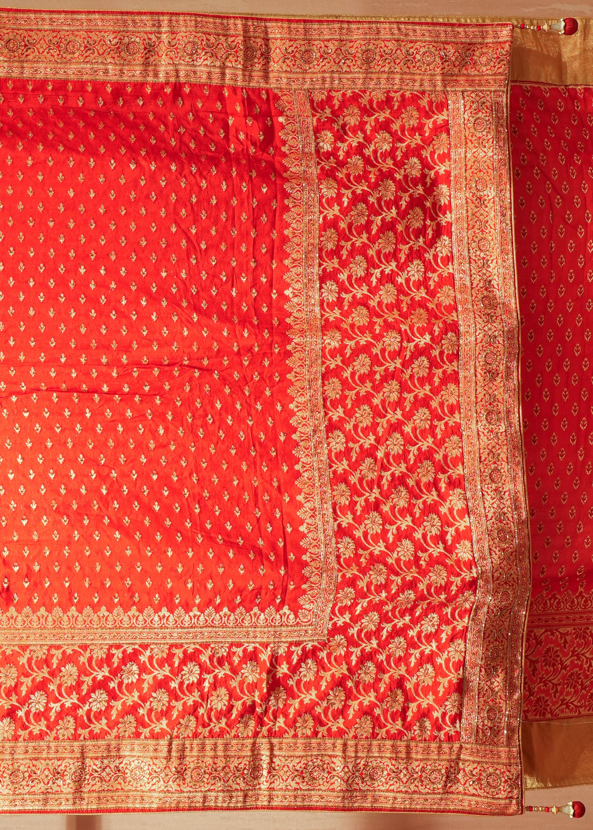 Ruhani Red Booti Embroidered Dola Silk Saree with Unstitched Blouse