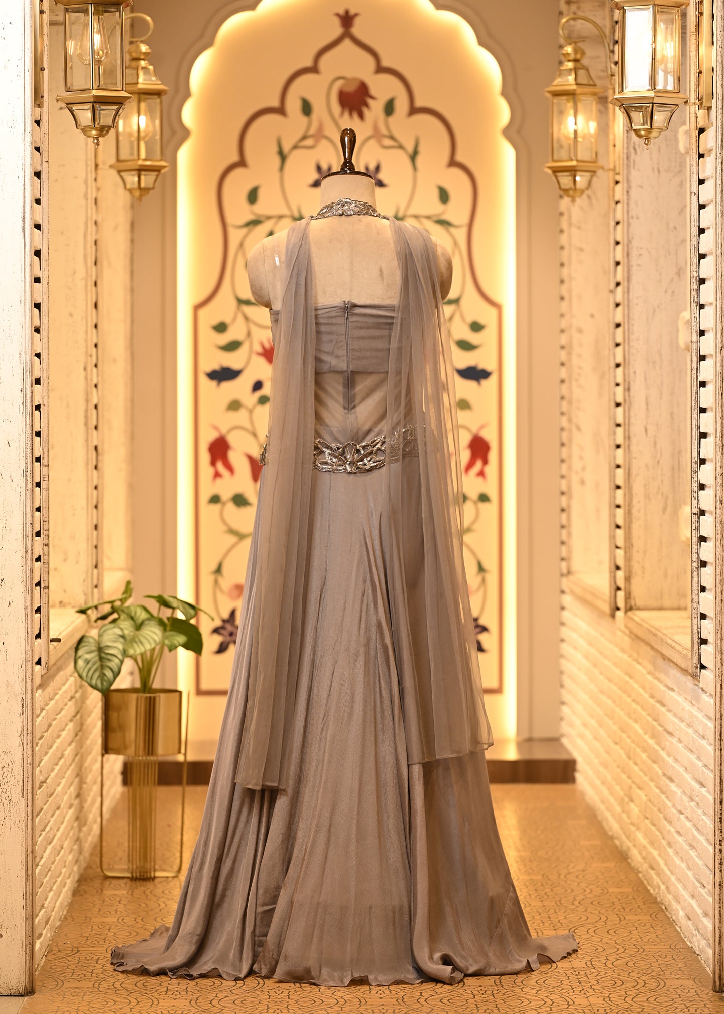 Siya Silver Grey Cutwork Corset Fusion Set with Dupatta