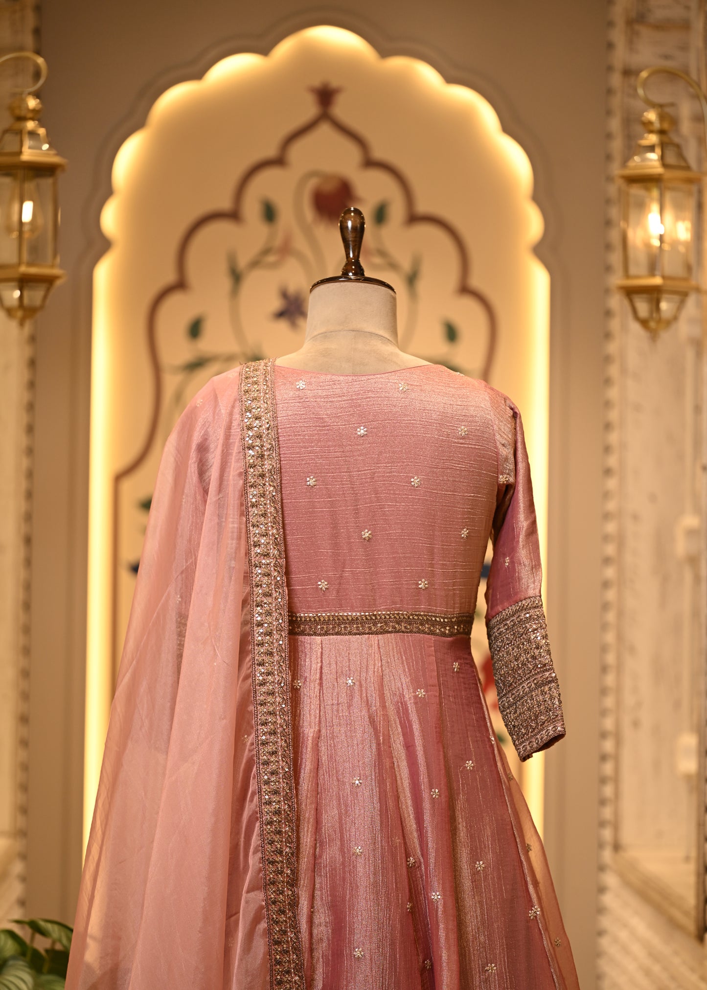 Meera Rose Pink Tissue Silk Anarkali Set with Dupatta