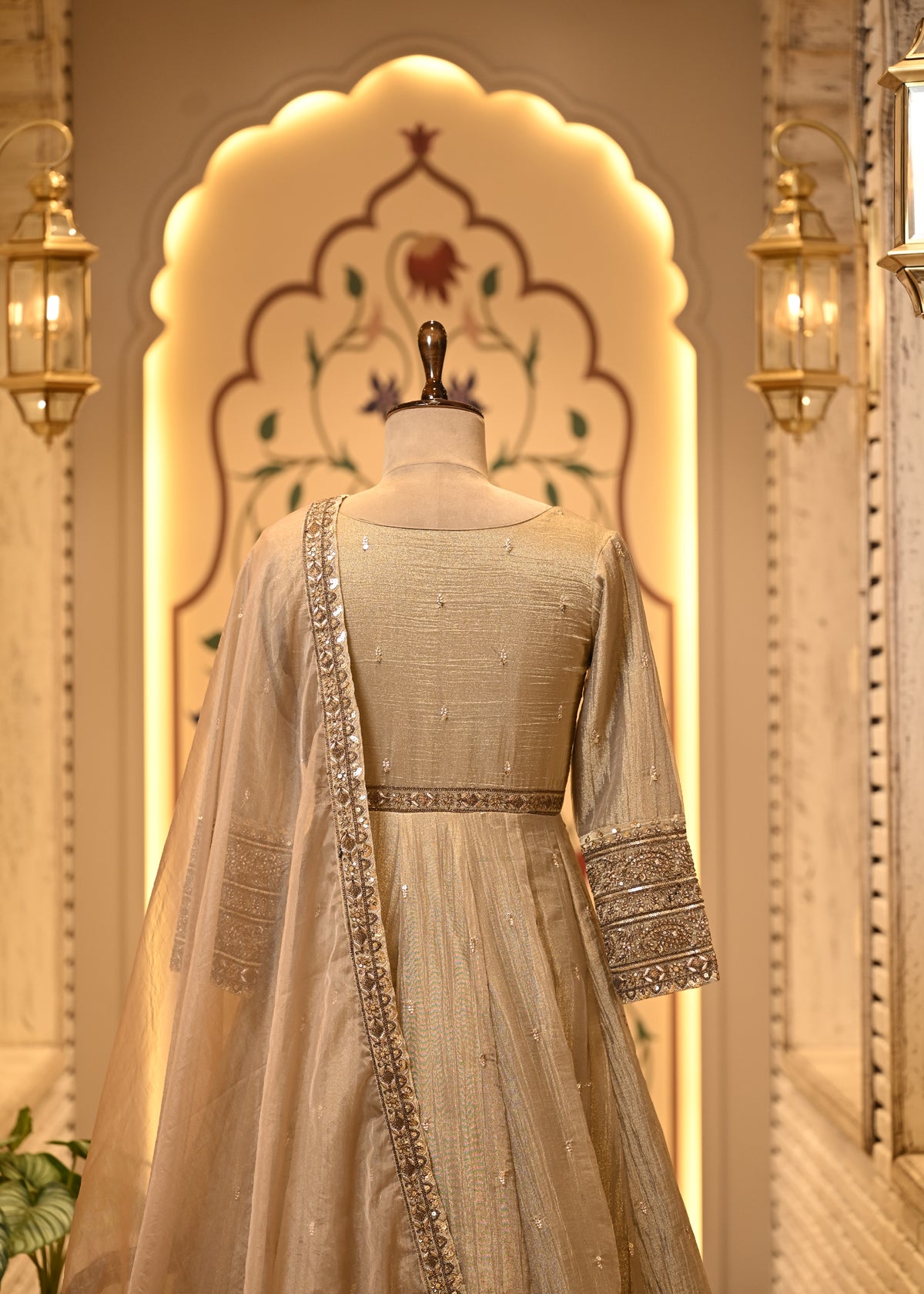 Nitya Champagne Gold Tissue Silk Anarkali Set with Dupatta