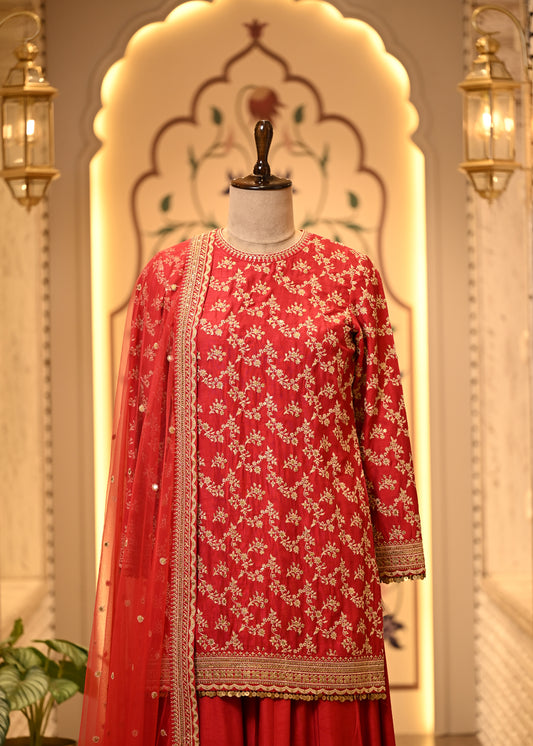 Rhea Crimson Red Silk Suit Set with Sharara & Dupatta