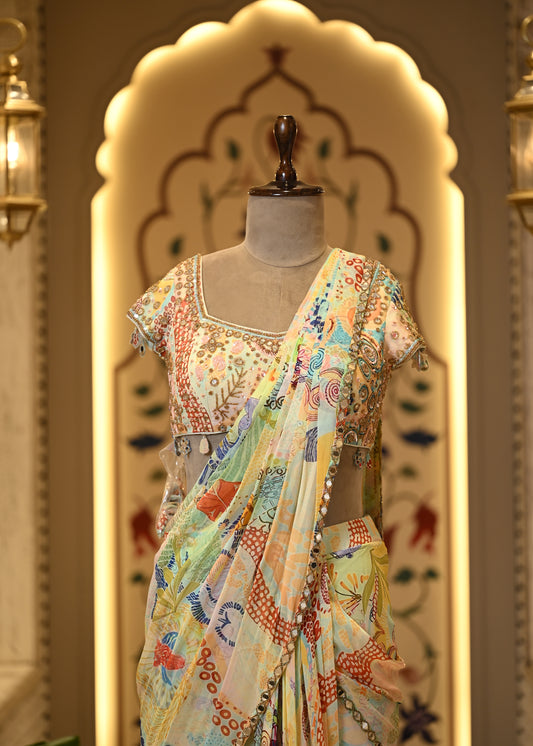 Kiraat Floral Pre Draped Saree with Stitched Blouse