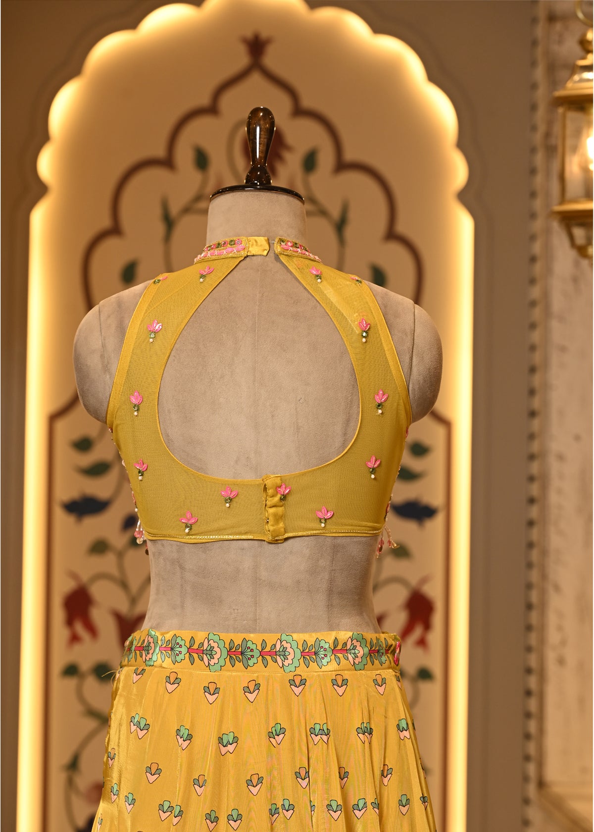Avira Yellow Halter Neck Boho Style Lehenga with Dupatta