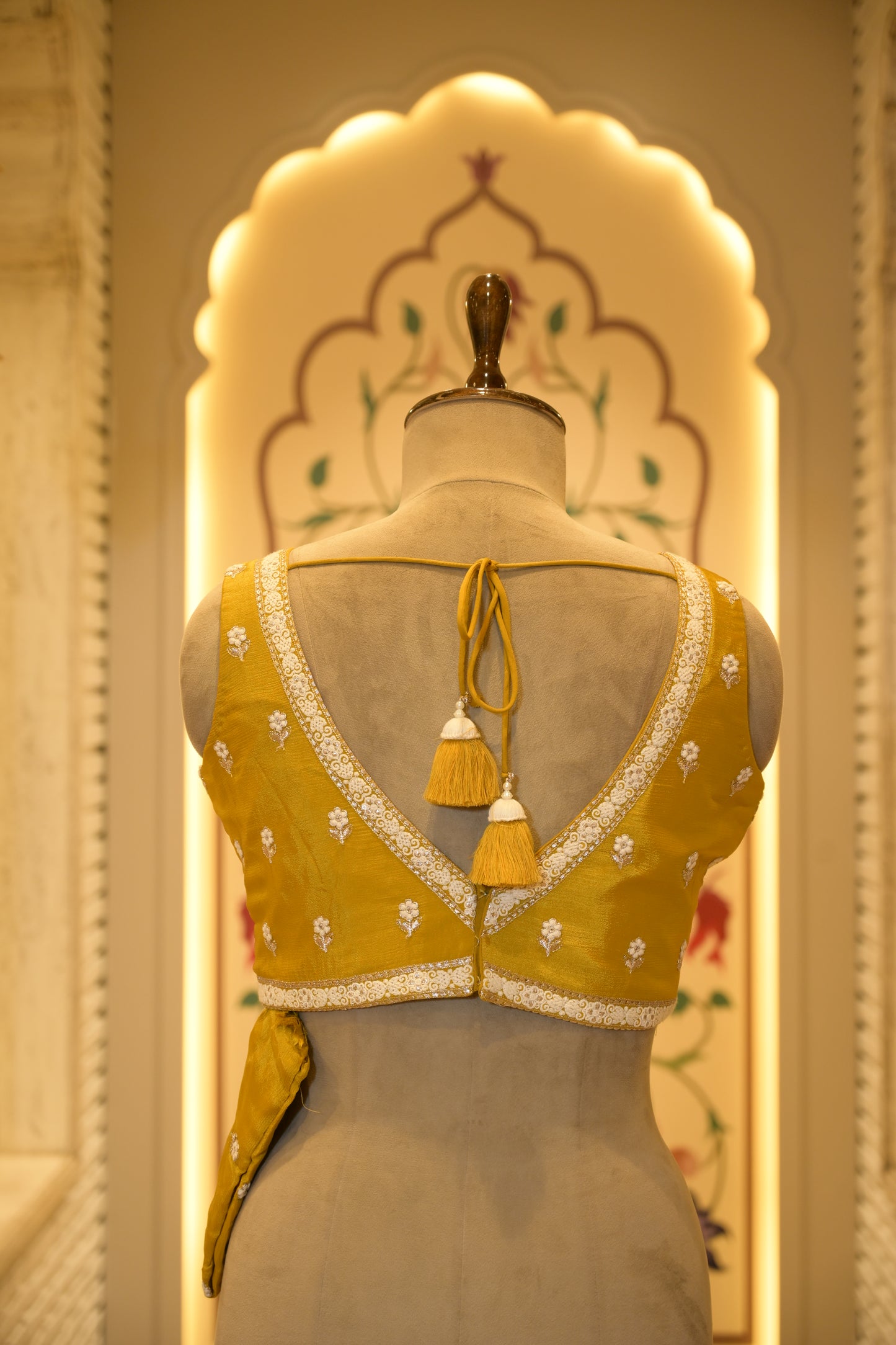 Mustard Chinon Thread Embroidered Saree with Stitched Blouse
