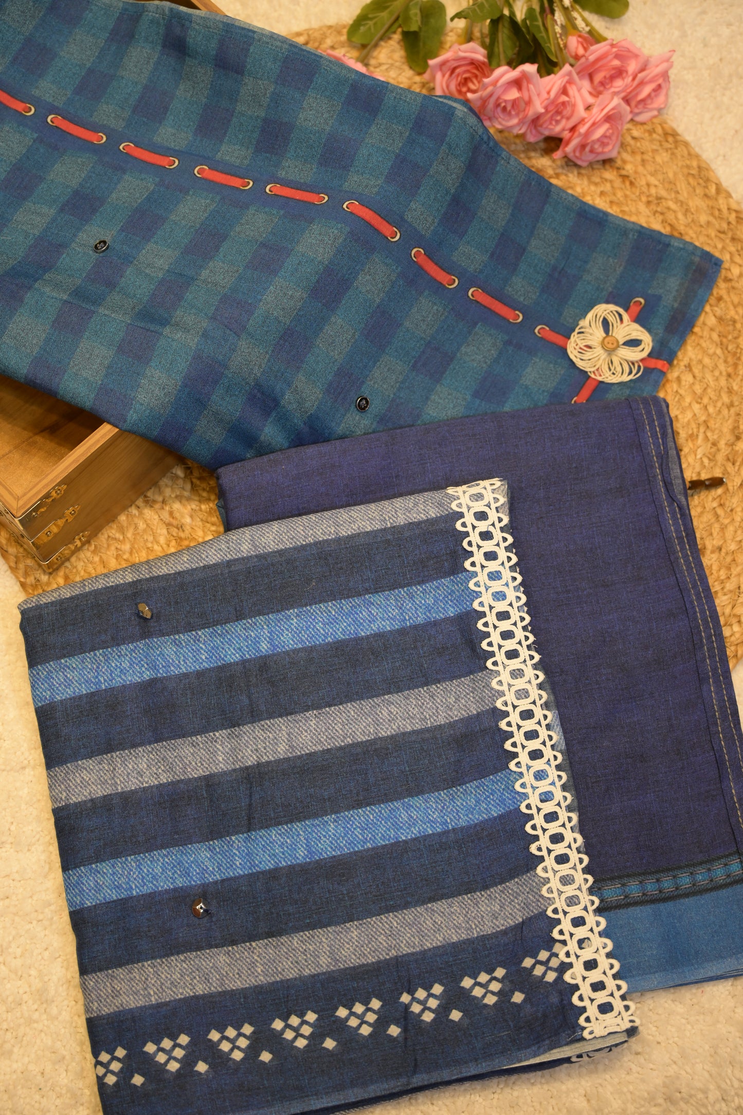 Aditee Navy Blue Cotton Saree with Unstitched Blouse