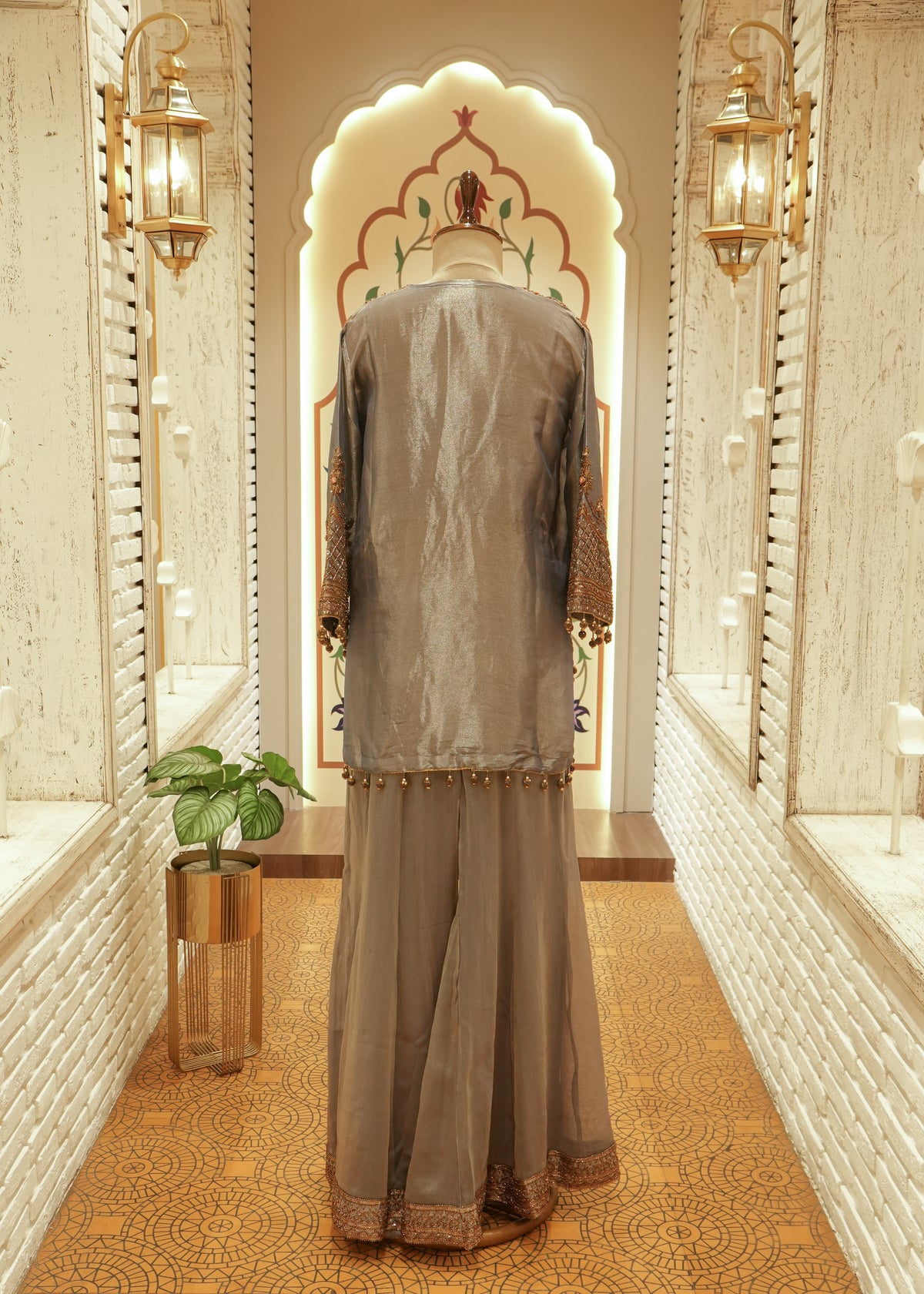 Inaya Slate Grey Tissue Kurti Sharara Set