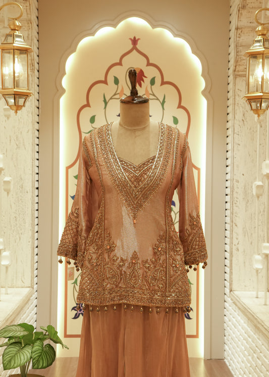 Inaya Rose Gold Tissue Kurti Sharara Set