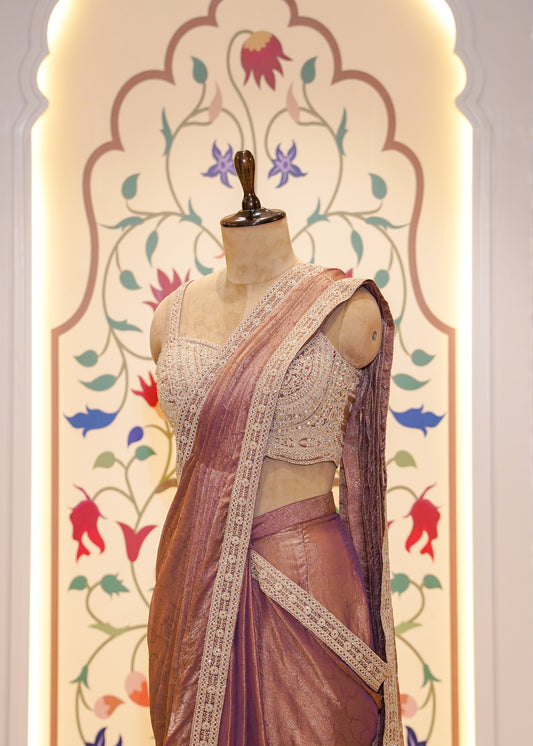 Dusty Peach Crush Tissue Drape Saree with Embroidered Blouse