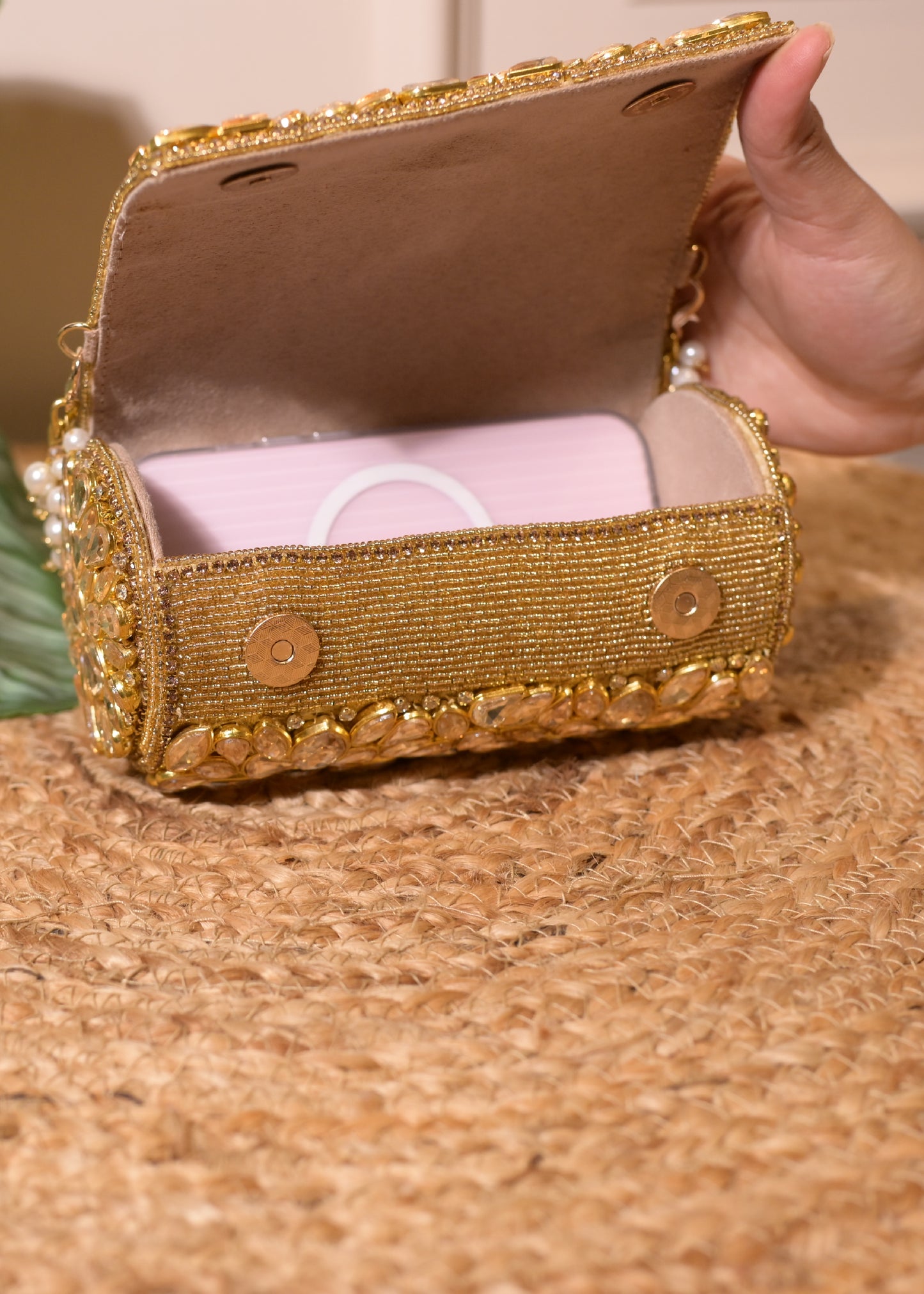 Golden Cylindrcal Studded Clutch Bag