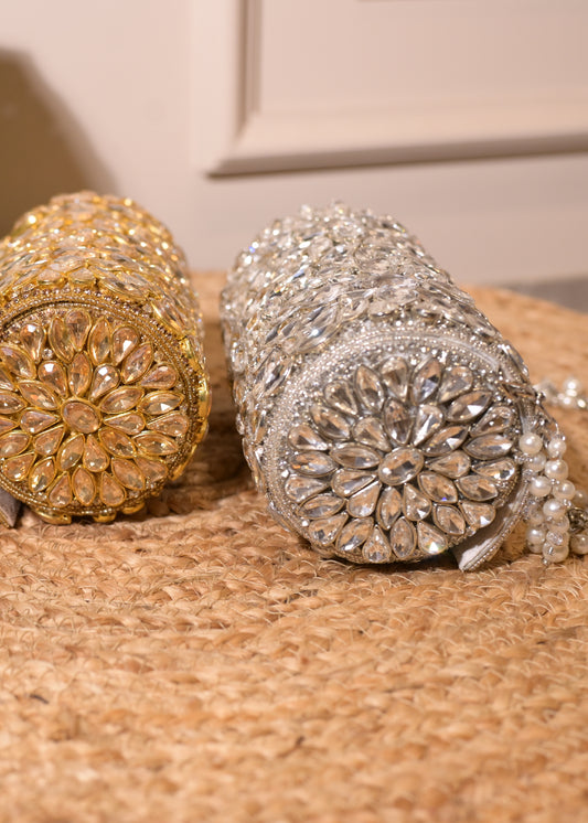 Silver Cylindrcal Studded Clutch Bag